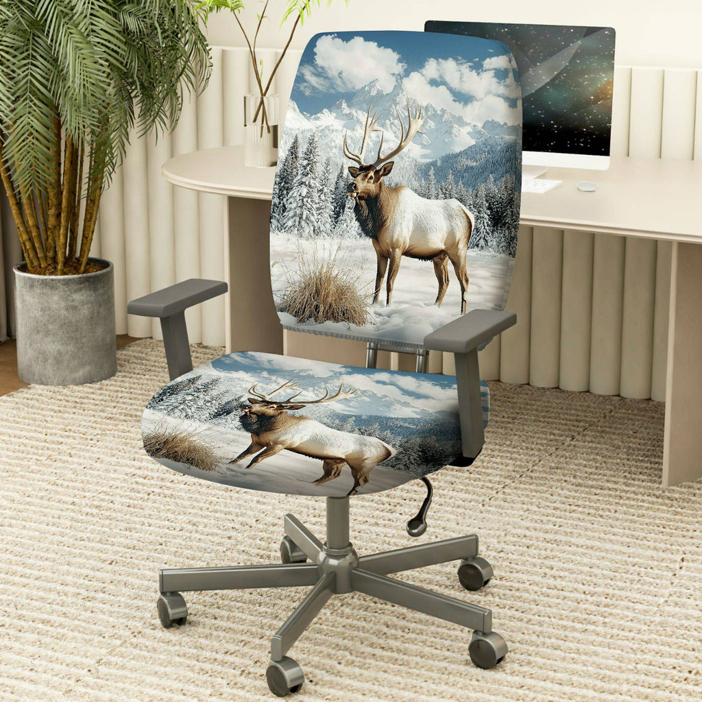 2-Piece Animal Mountain Snow Winter Elk  Computer Chair Cover Set, Seat and Backrest