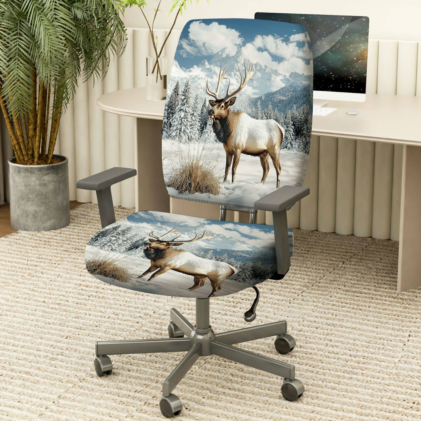 2-Piece Animal Mountain Snow Winter Elk  Computer Chair Cover Set, Seat and Backrest