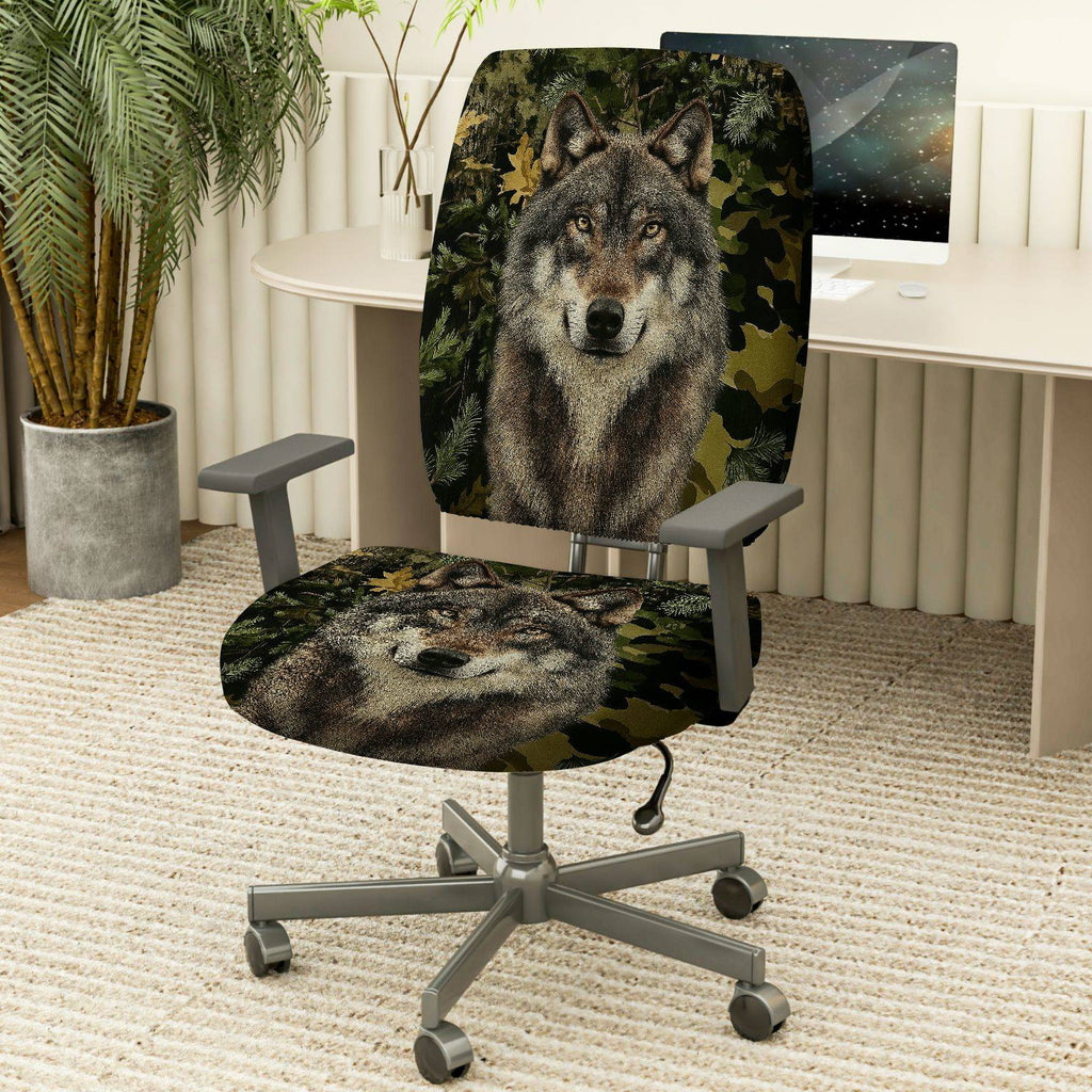 2-Piece Wolf Forest Camouflage Animal Nature Wildlife  Computer Chair Cover Set, Seat and Backrest