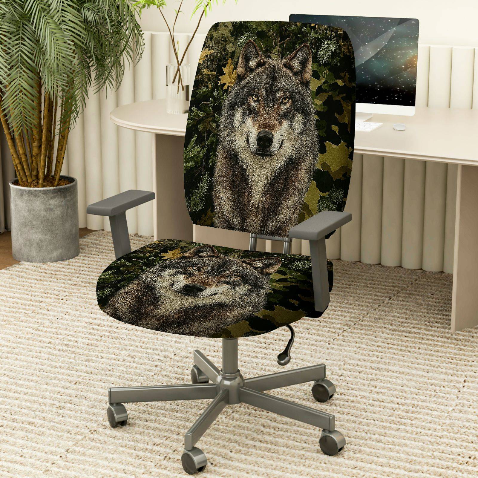 2-Piece Wolf Forest Camouflage Animal Nature Wildlife  Computer Chair Cover Set, Seat and Backrest