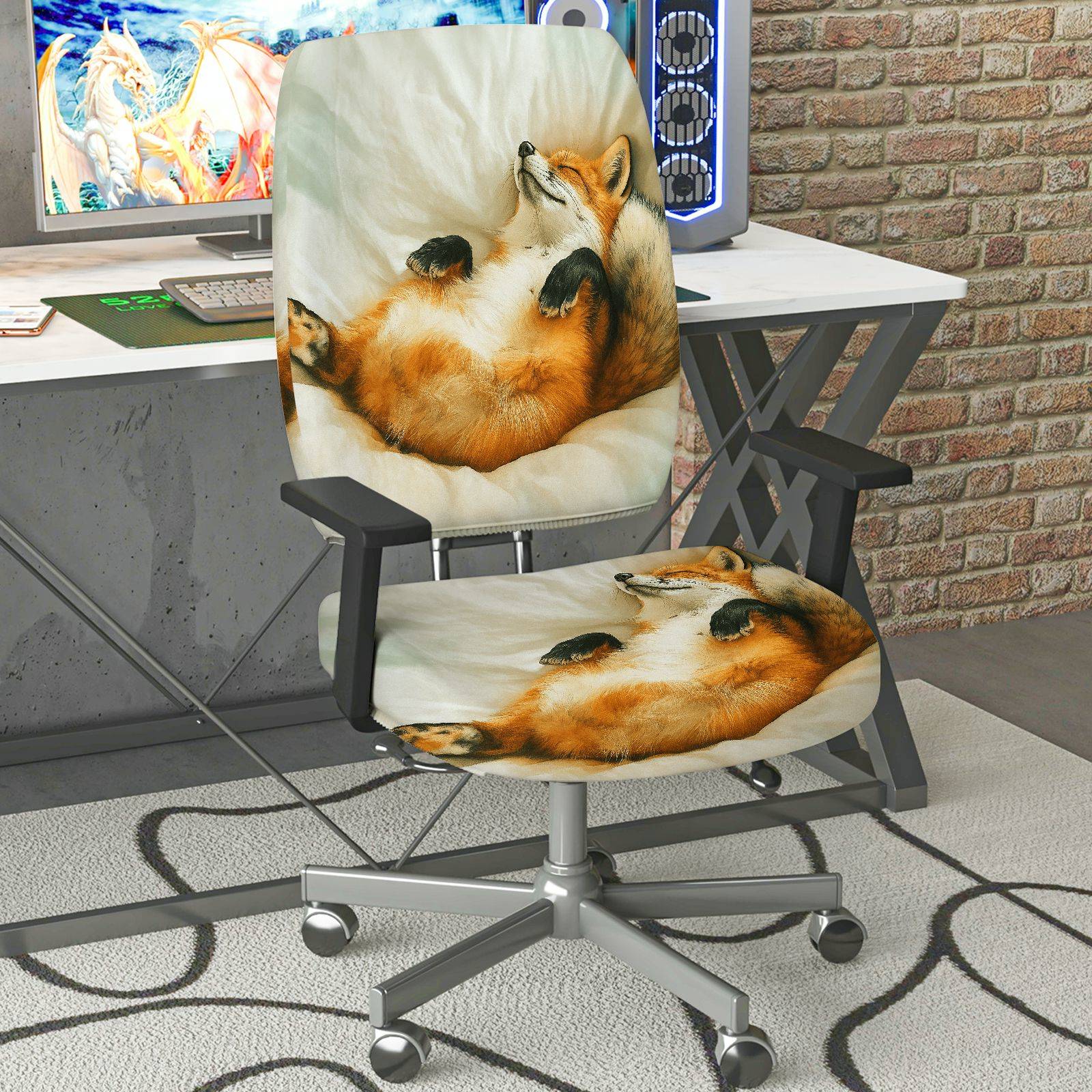 2-Piece Animal Fox Relaxing Cozy Printed  Computer Chair Cover Set, Seat and Backrest