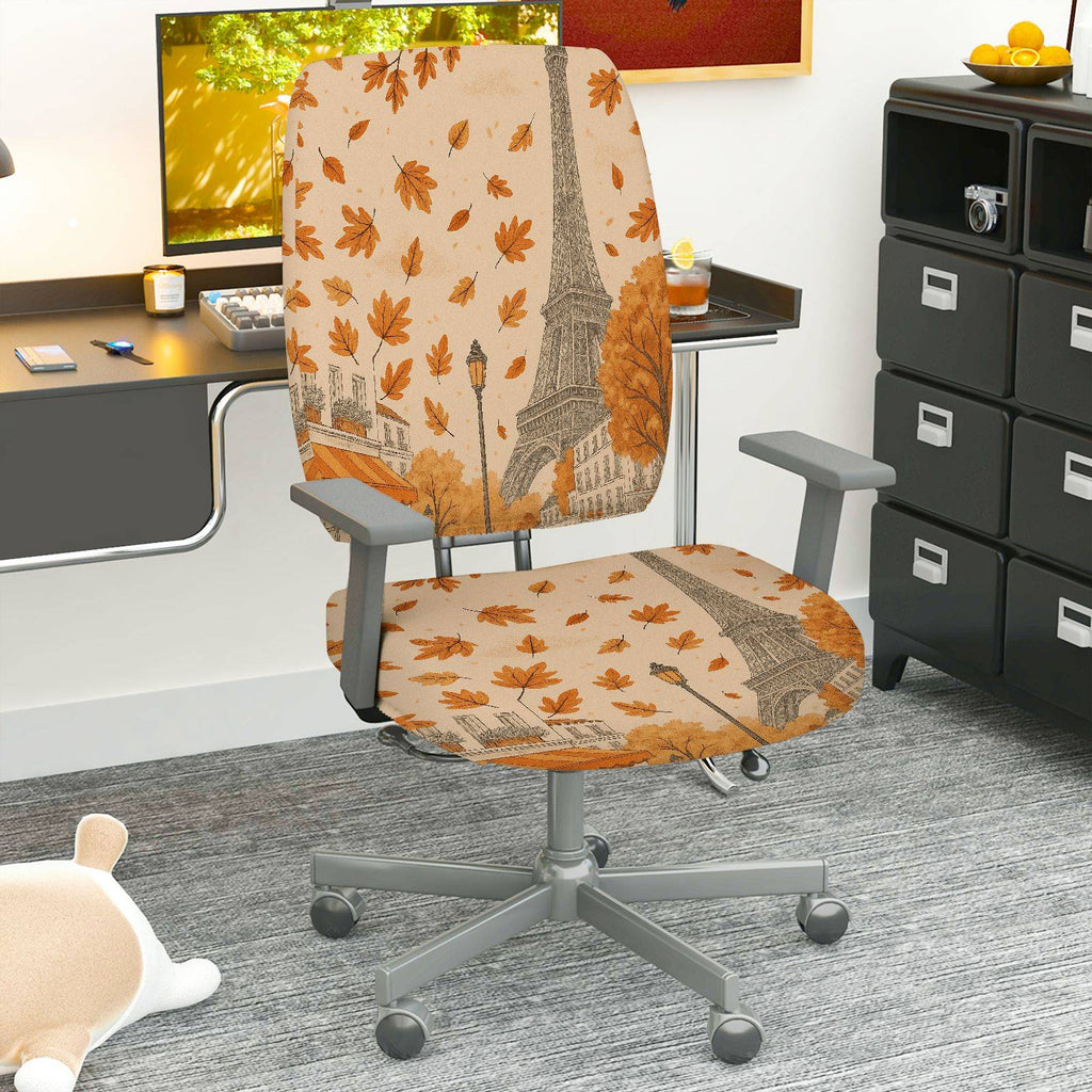 2-Piece Autumn Eiffel Tower Paris Leaves Scenic Print  Computer Chair Cover Set, Seat and Backrest