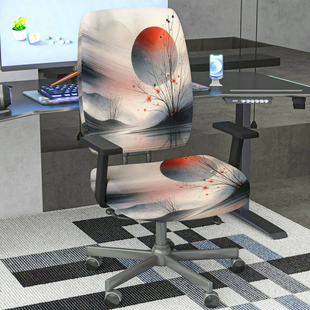 2-Piece Abstract Zen Nature Moon Artistic  Computer Chair Cover Set, Seat and Backrest