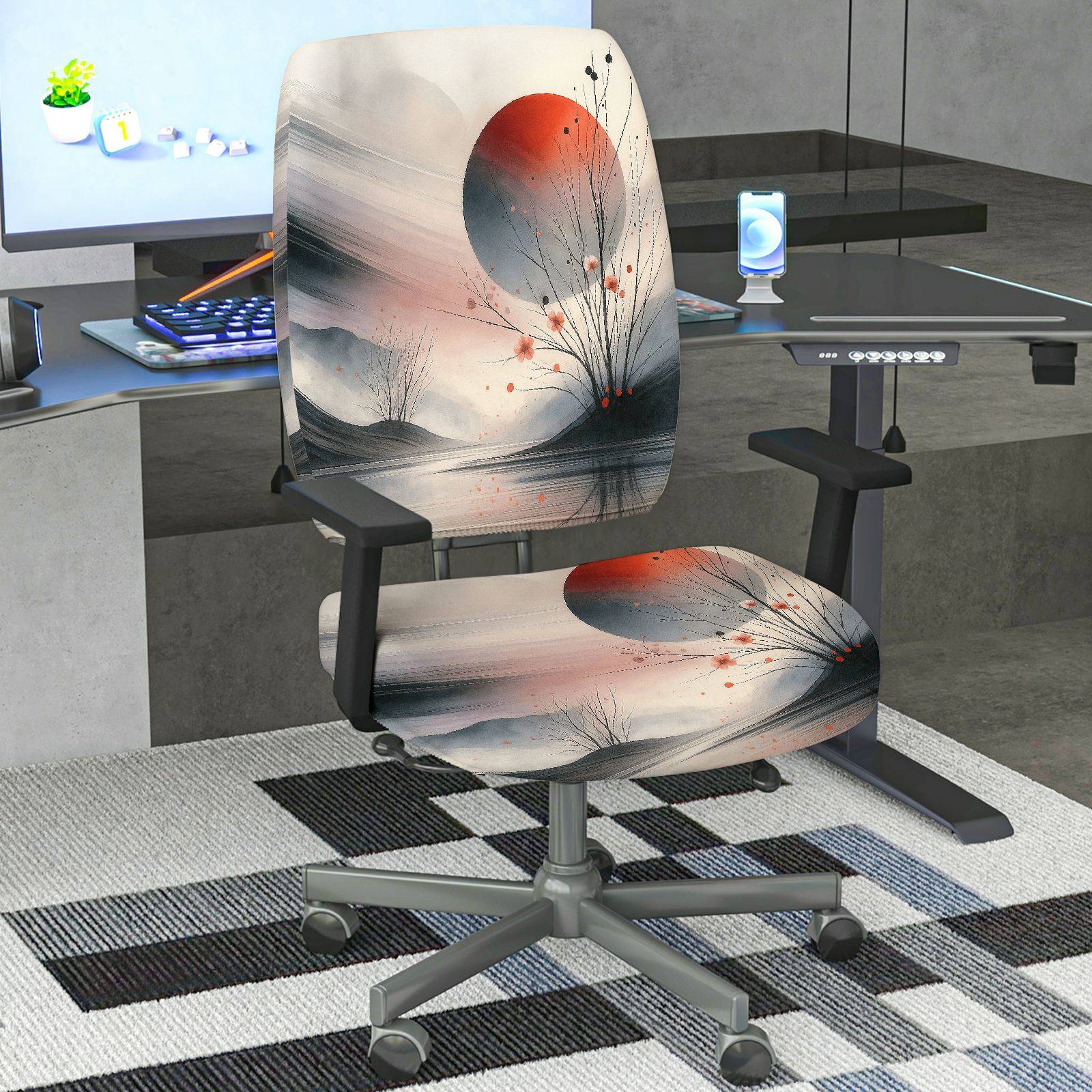 2-Piece Abstract Zen Nature Moon Artistic  Computer Chair Cover Set, Seat and Backrest