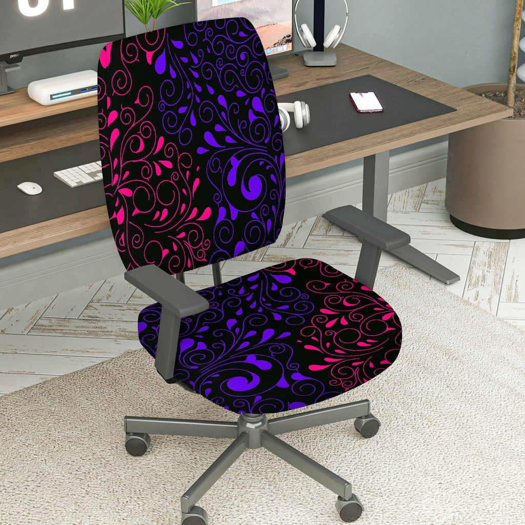 2-Piece Abstract Floral Swirl Pattern Black Purple Pink  Computer Chair Cover Set, Seat and Backrest