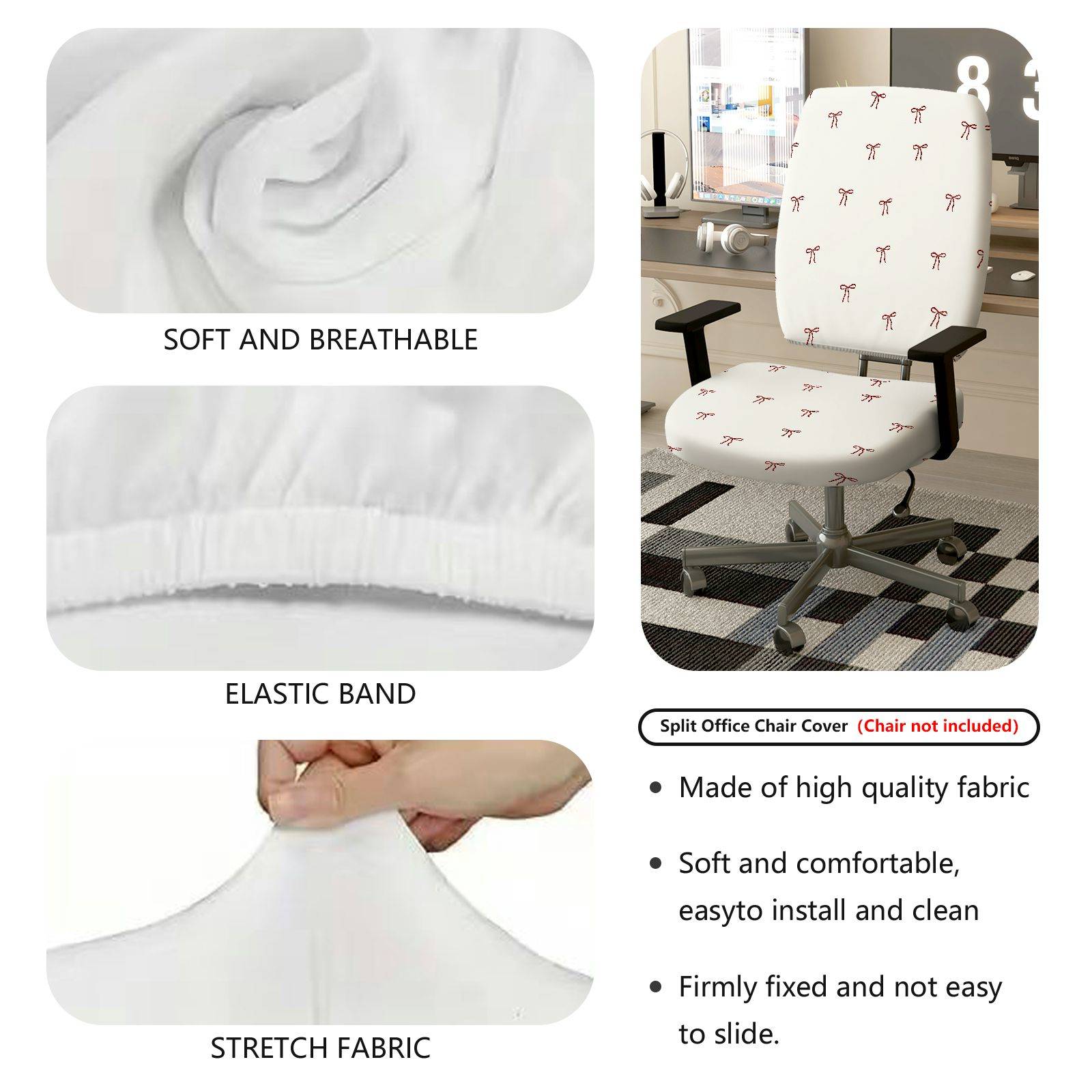 2-Piece White Red Bowknot Decorative  Computer Chair Cover Set, Seat and Backrest