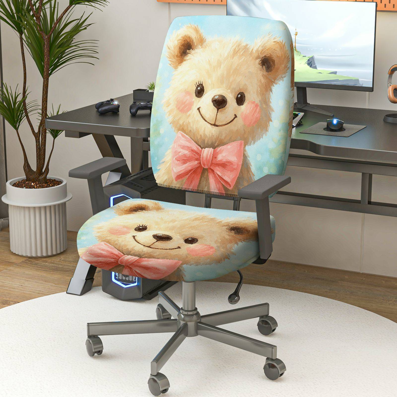 2-Piece Animal Cute Bow Smiling Bear Decorative  Computer Chair Cover Set, Seat and Backrest
