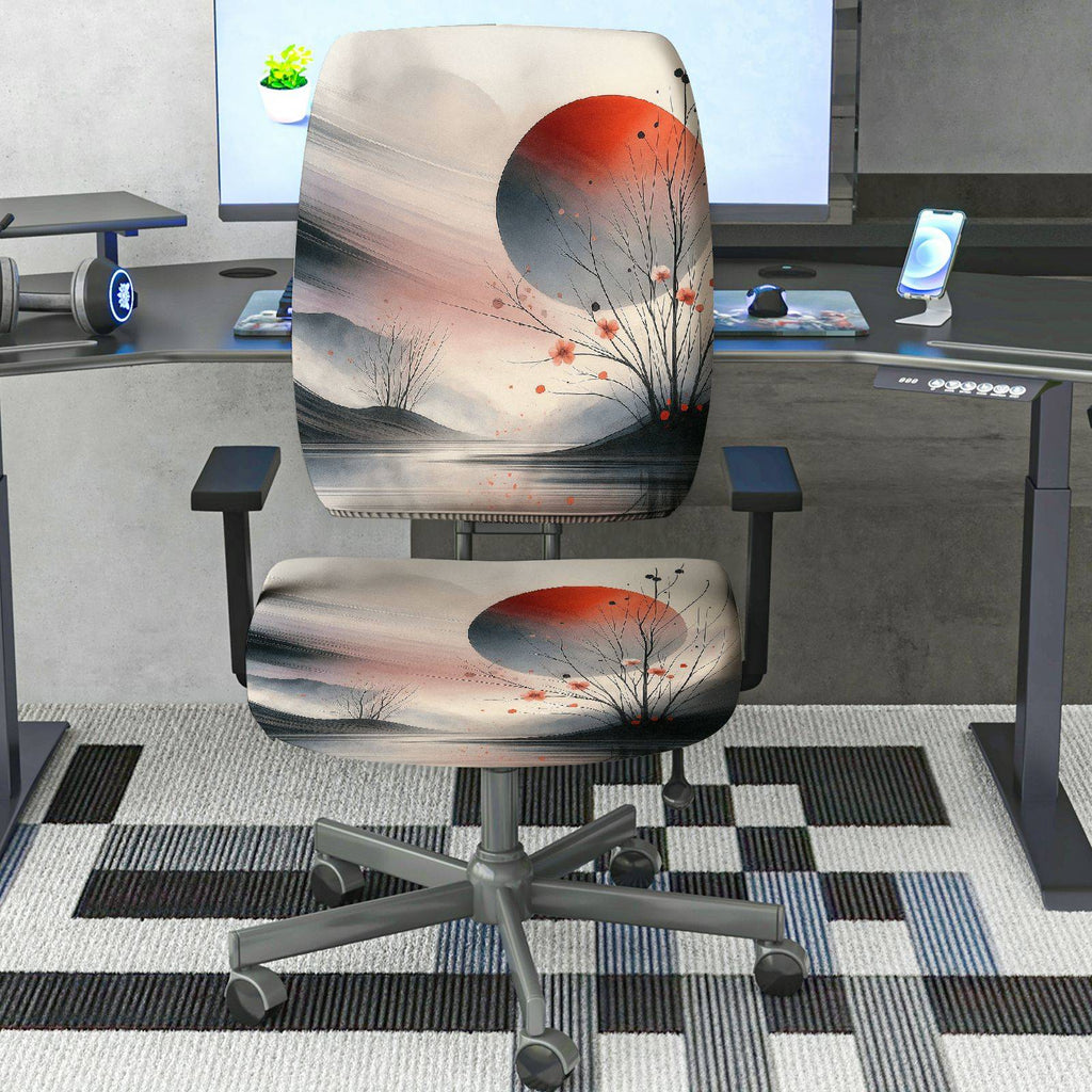 2-Piece Abstract Zen Nature Moon Artistic  Computer Chair Cover Set, Seat and Backrest