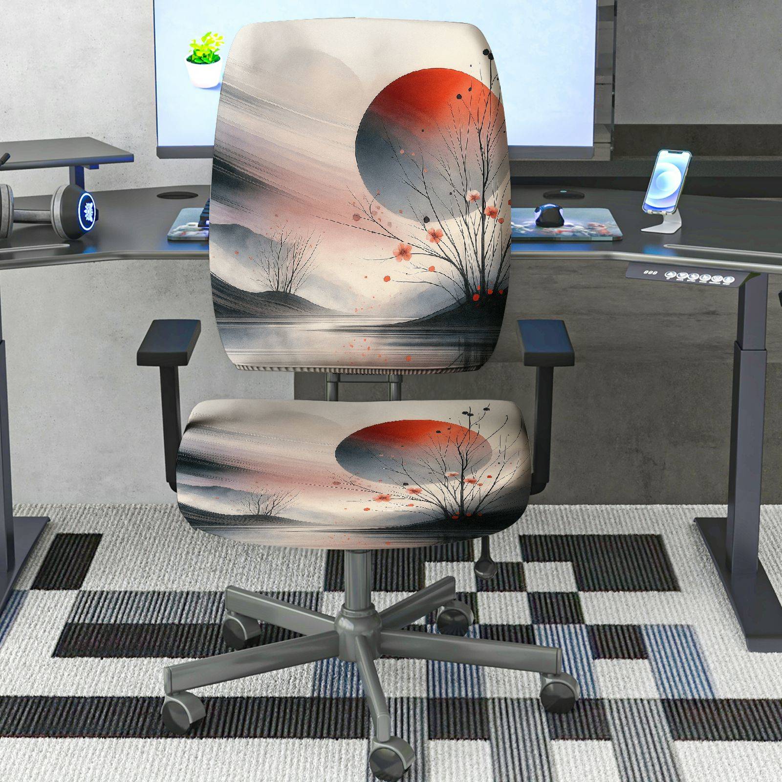 2-Piece Abstract Zen Nature Moon Artistic  Computer Chair Cover Set, Seat and Backrest