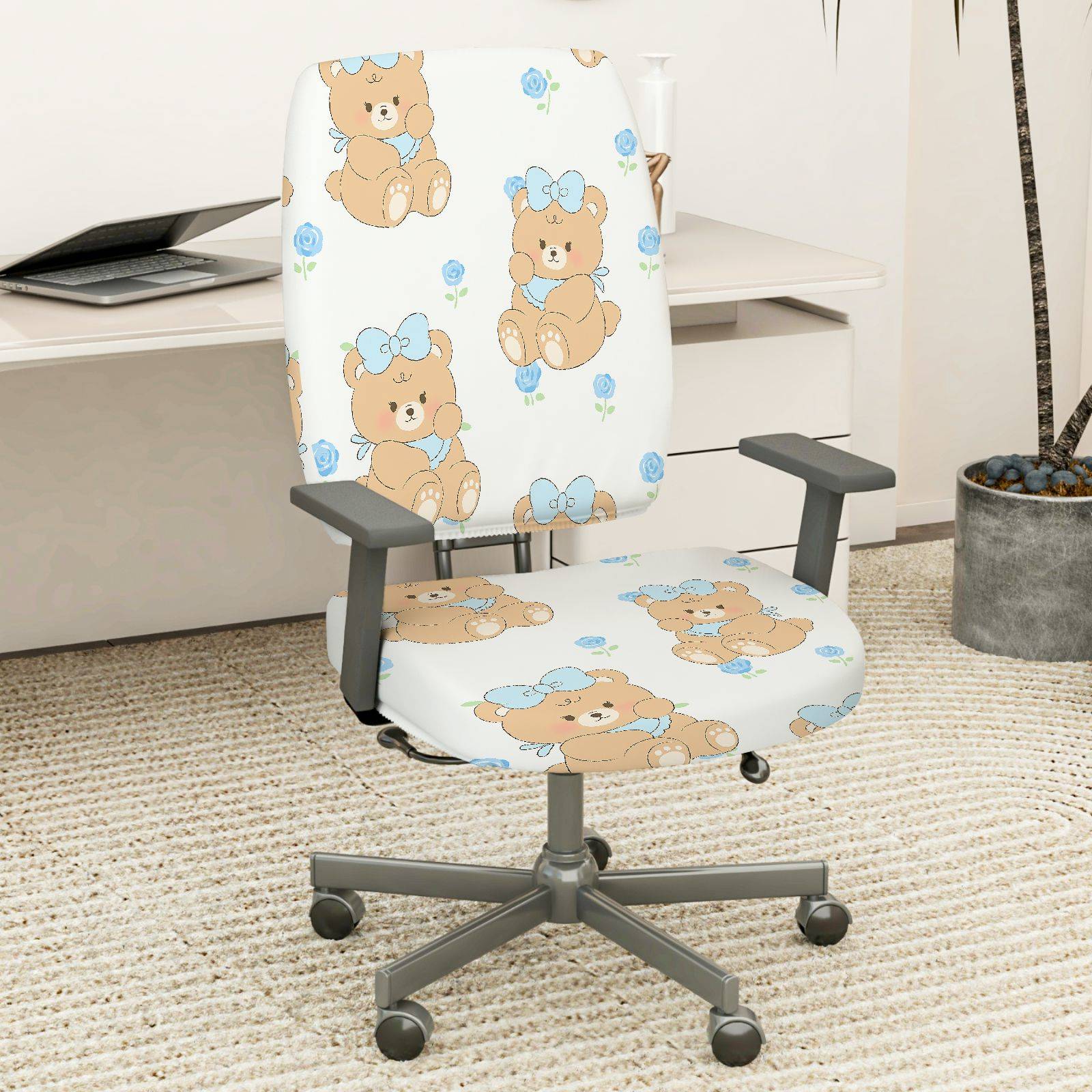 2-Piece Cute Bear Floral Decorative  Computer Chair Cover Set, Seat and Backrest