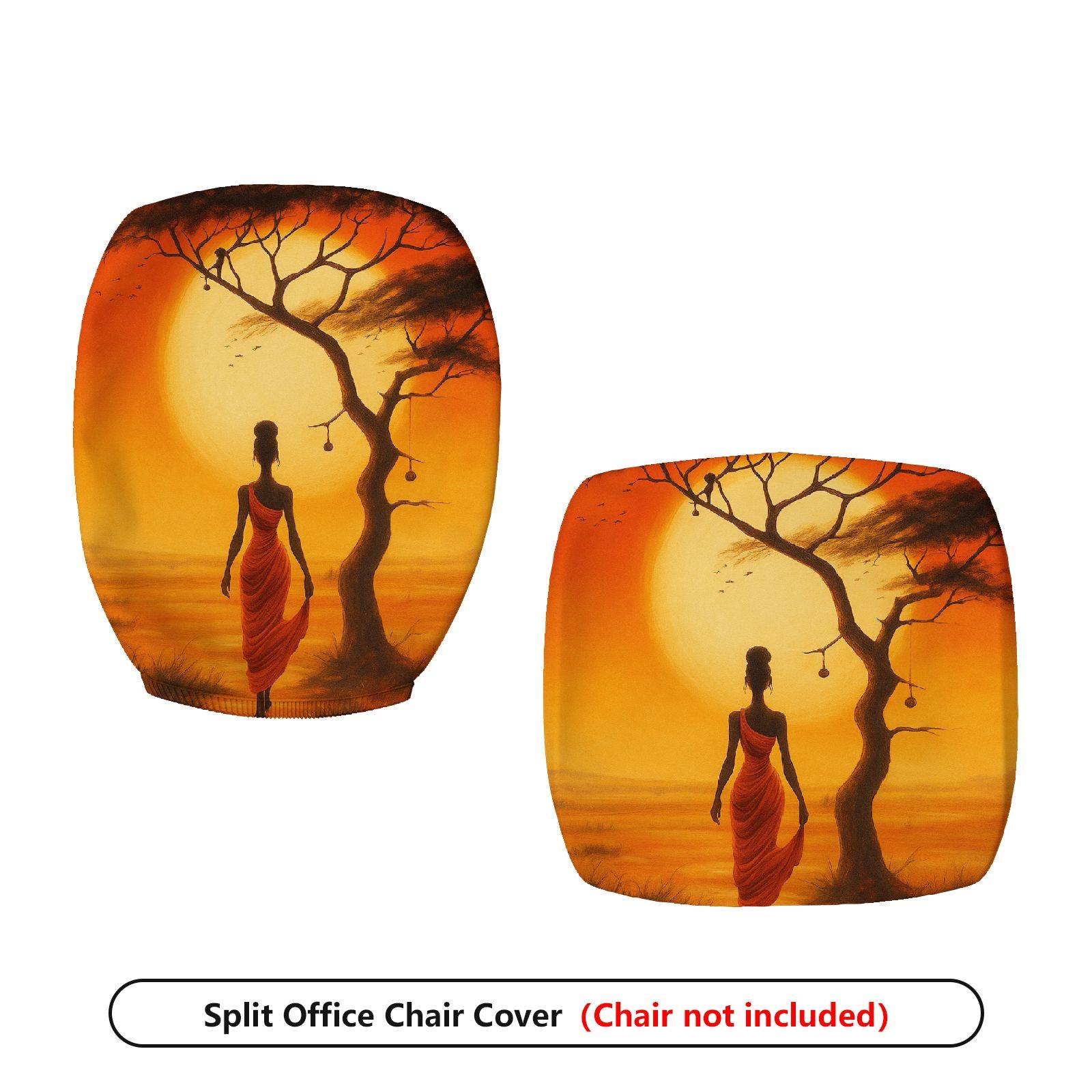 2-Piece African Sunset Woman Art Landscape Tree  Computer Chair Cover Set, Seat and Backrest