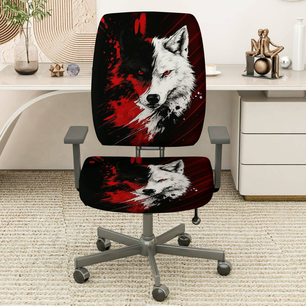 2-Piece Wolf Red Black Animal Art Stylish  Computer Chair Cover Set, Seat and Backrest