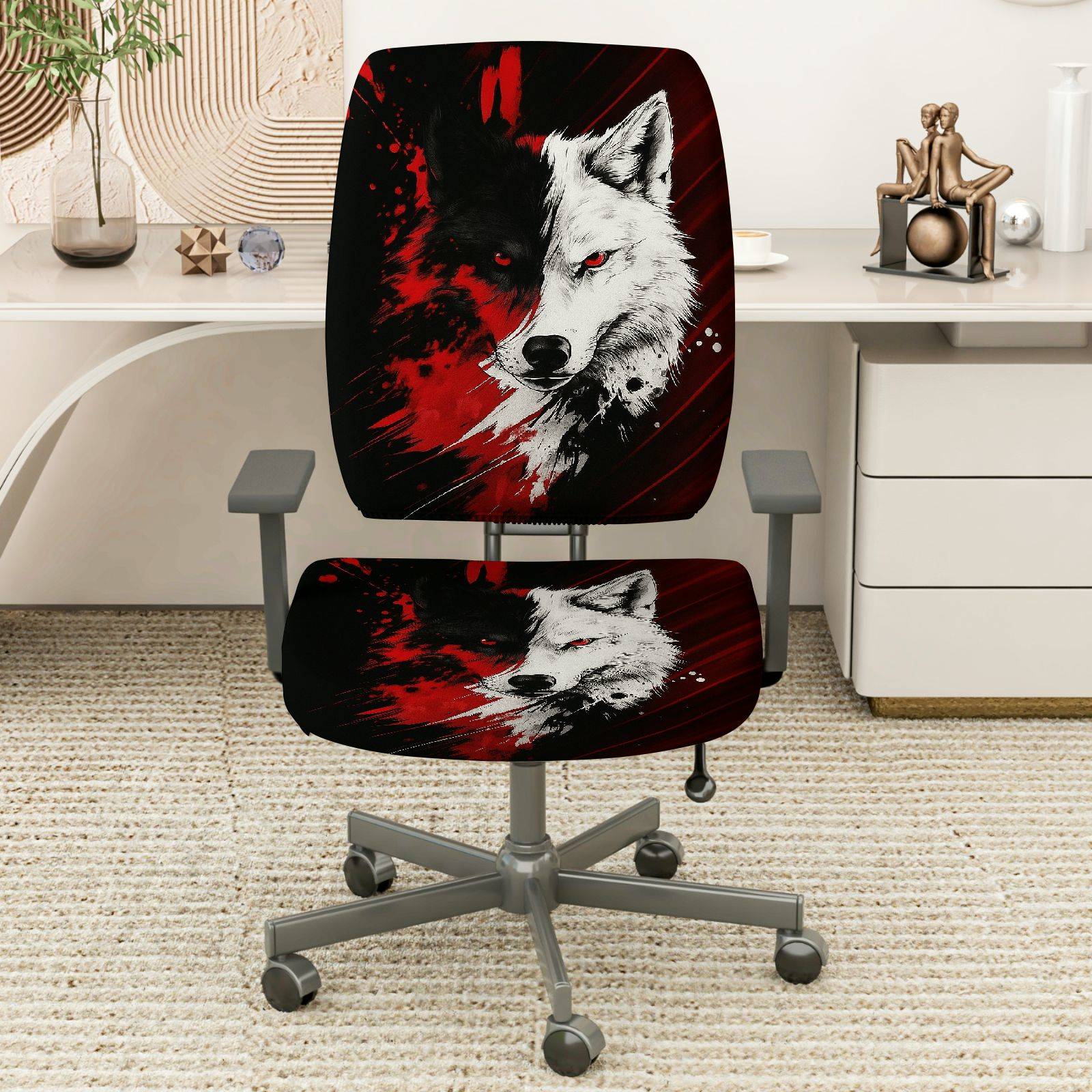 2-Piece Wolf Red Black Animal Art Stylish  Computer Chair Cover Set, Seat and Backrest
