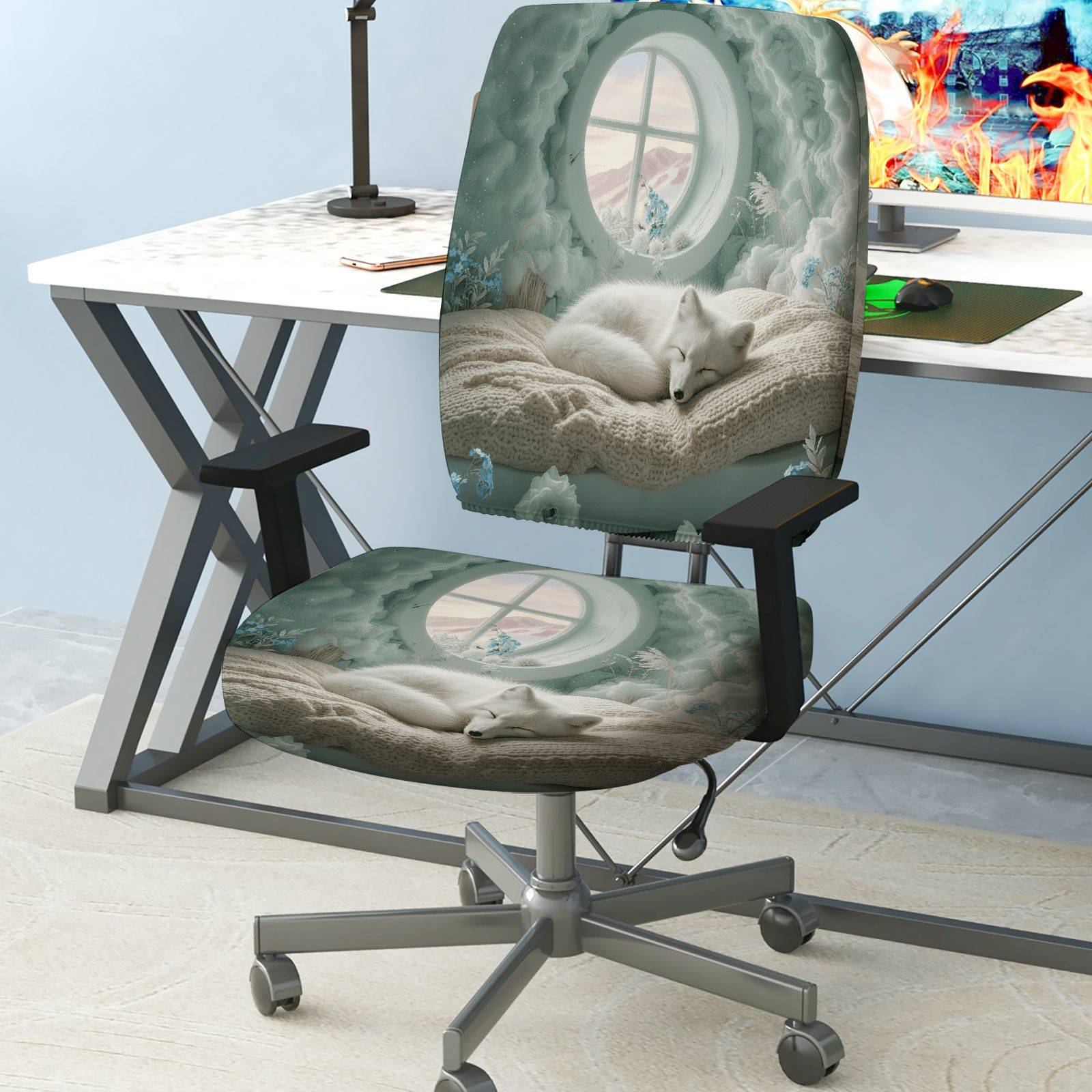 2-Piece Arctic Winter Snow Fox Cozy Home Decor  Computer Chair Cover Set, Seat and Backrest