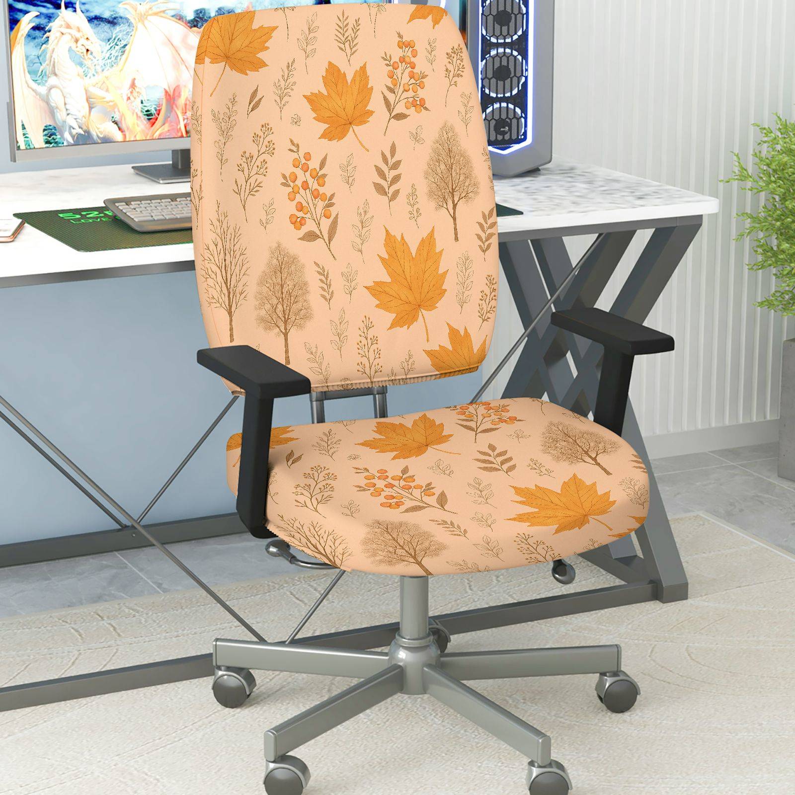 2-Piece Autumn Leaves Floral Nature Pattern  Computer Chair Cover Set, Seat and Backrest