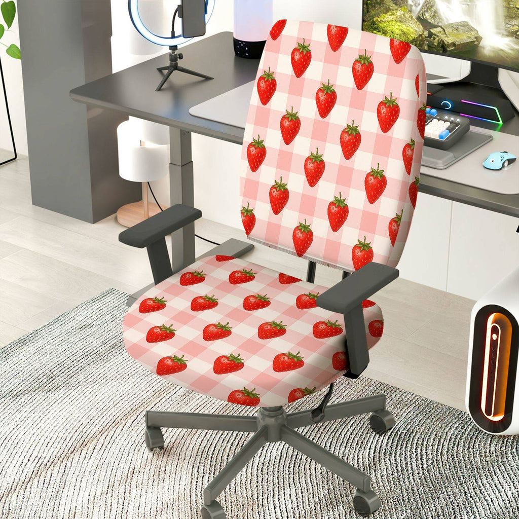 2-Piece Strawberry Checkered Pattern Red Fresh  Computer Chair Cover Set, Seat and Backrest