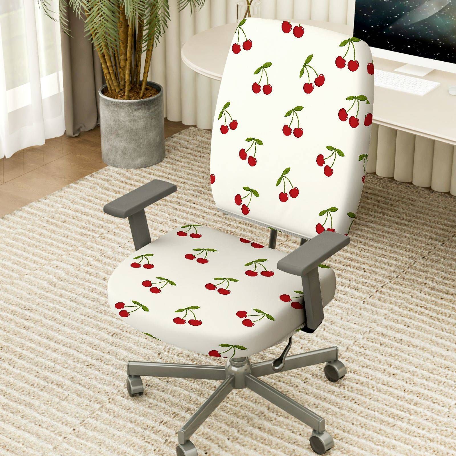 2-Piece Cherry Pattern Red Green White  Computer Chair Cover Set, Seat and Backrest