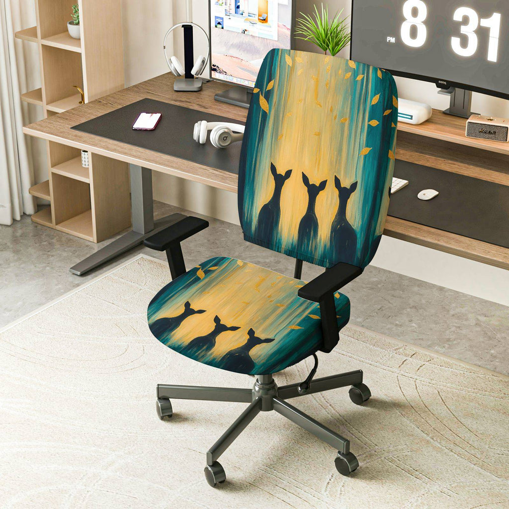2-Piece Artistic Deer Silhouette Forest Gold Leaves Blue  Computer Chair Cover Set, Seat and Backrest