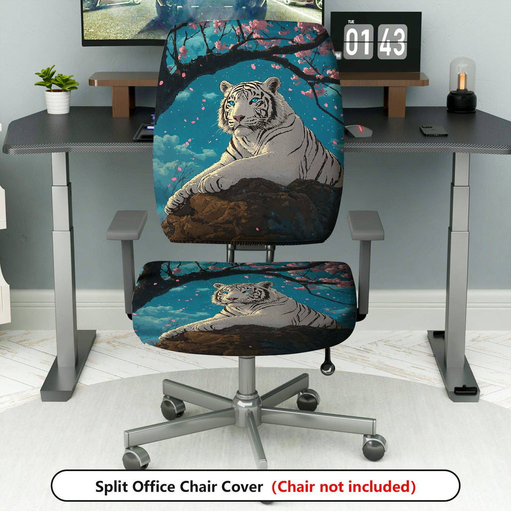 2-Piece White Tiger Cherry Blossom Night Sky Animal Nature  Computer Chair Cover Set, Seat and Backrest