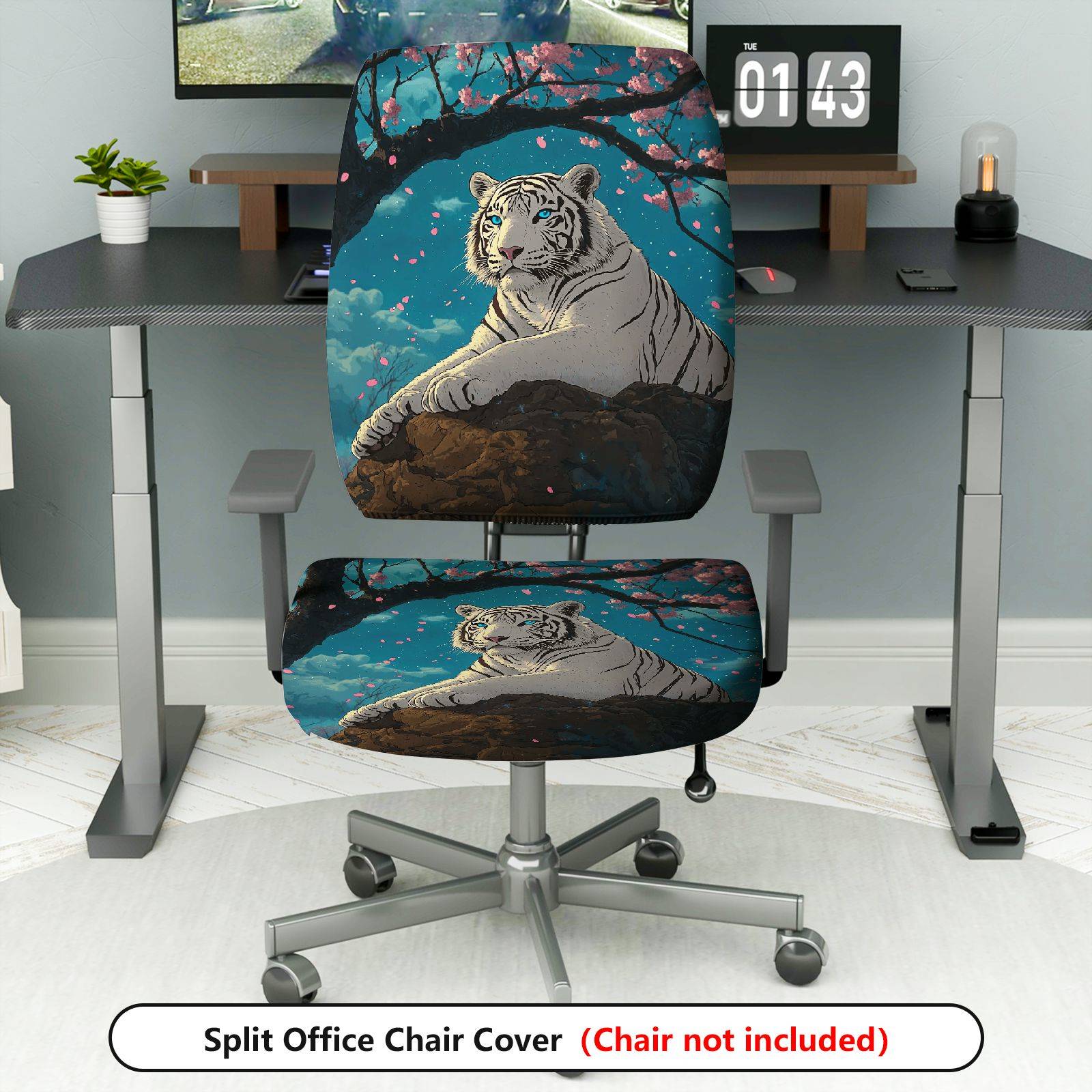 2-Piece White Tiger Cherry Blossom Night Sky Animal Nature  Computer Chair Cover Set, Seat and Backrest