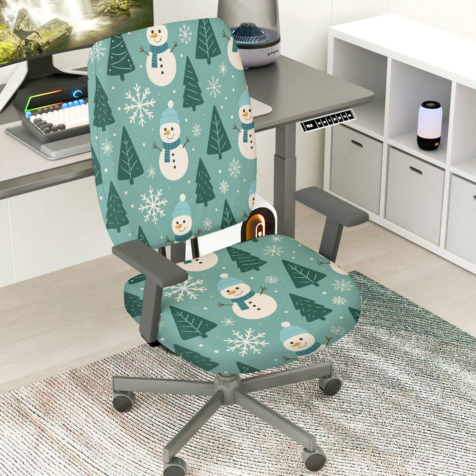 2-Piece Christmas Snowman Pine Tree Snowflake Holiday Winter  Computer Chair Cover Set, Seat and Backrest