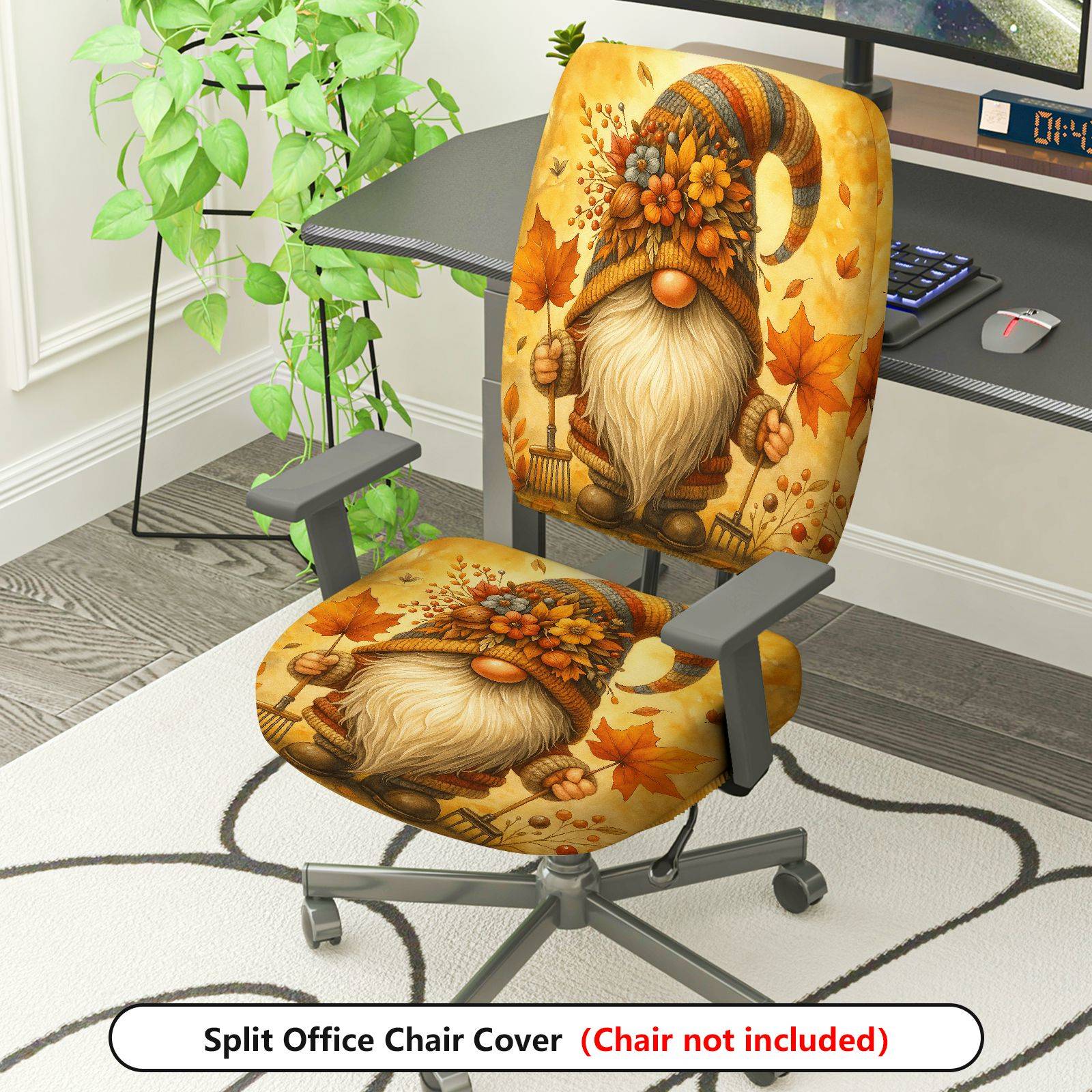 2-Piece Autumn Gnome Floral Leaves Festive Halloween  Computer Chair Cover Set, Seat and Backrest