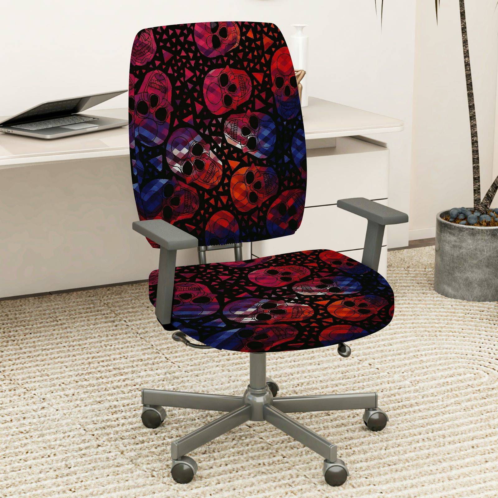 2-Piece Skulls Geometric Pattern Halloween Party Fun  Computer Chair Cover Set, Seat and Backrest