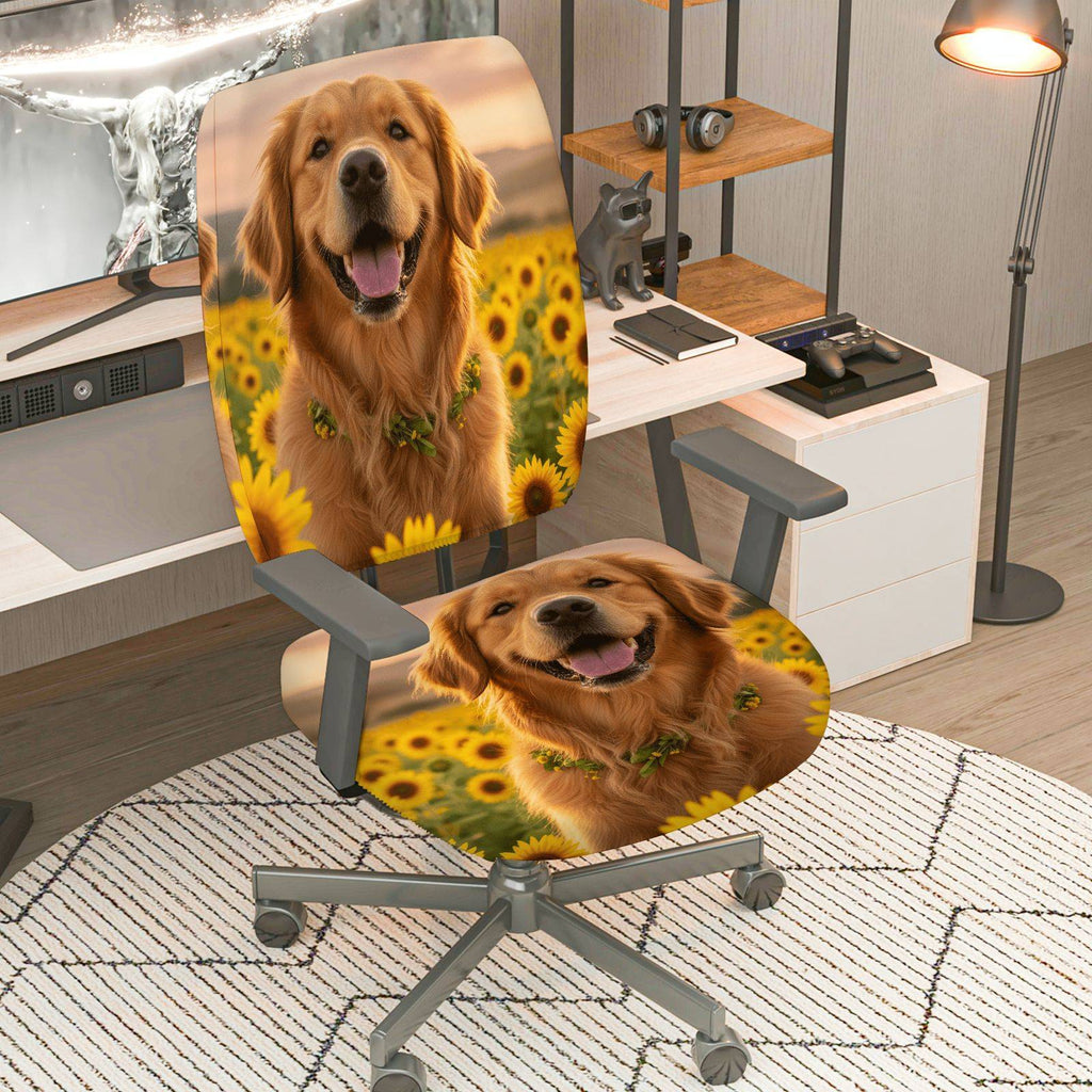 2-Piece Dog Sunflower Nature Joyful Happy  Computer Chair Cover Set, Seat and Backrest