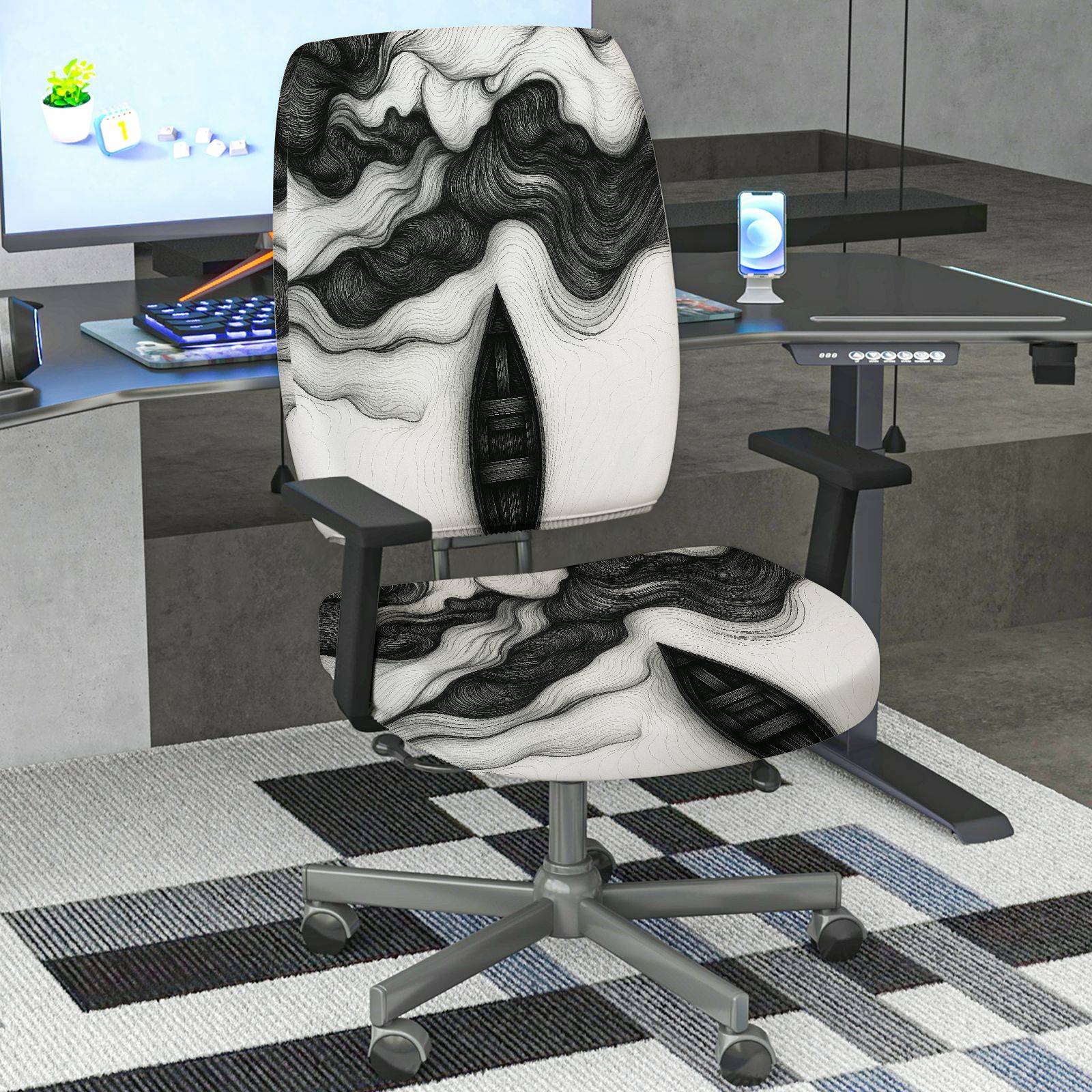 2-Piece Abstract Swirl Pattern Black White Artistic Modern  Computer Chair Cover Set, Seat and Backrest