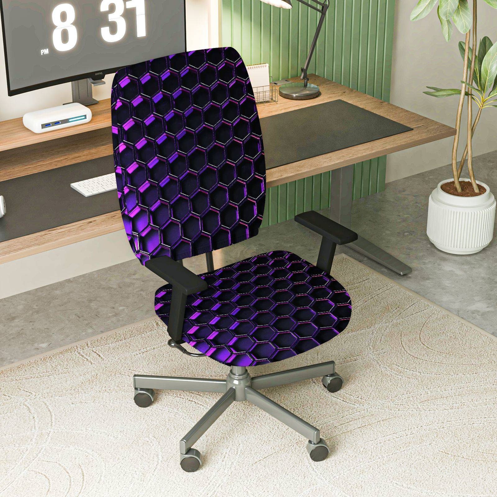 2-Piece Geometric Purple Black Stylish Modern Cool  Computer Chair Cover Set, Seat and Backrest