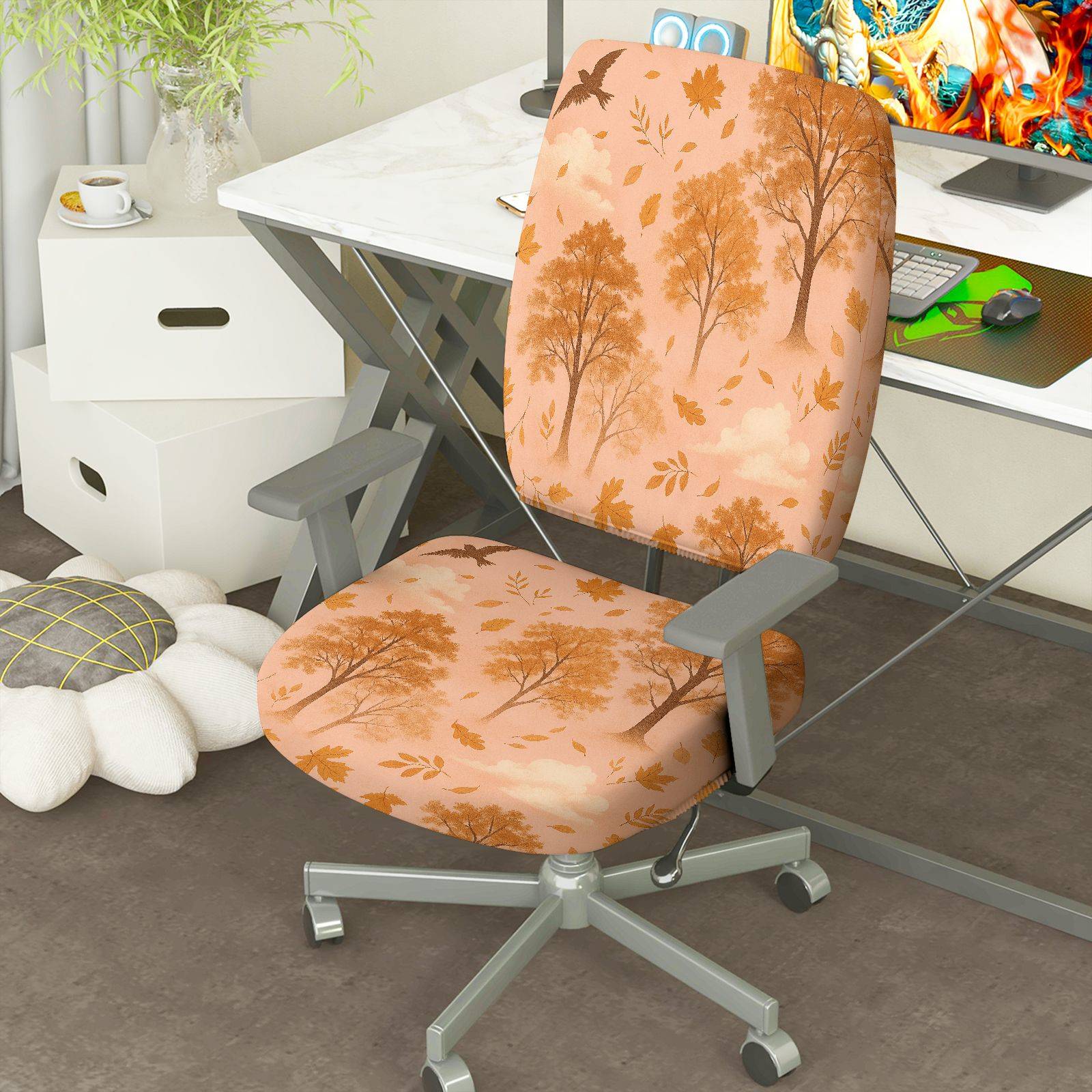 2-Piece Autumn Nature Forest Tree Leaves  Computer Chair Cover Set, Seat and Backrest