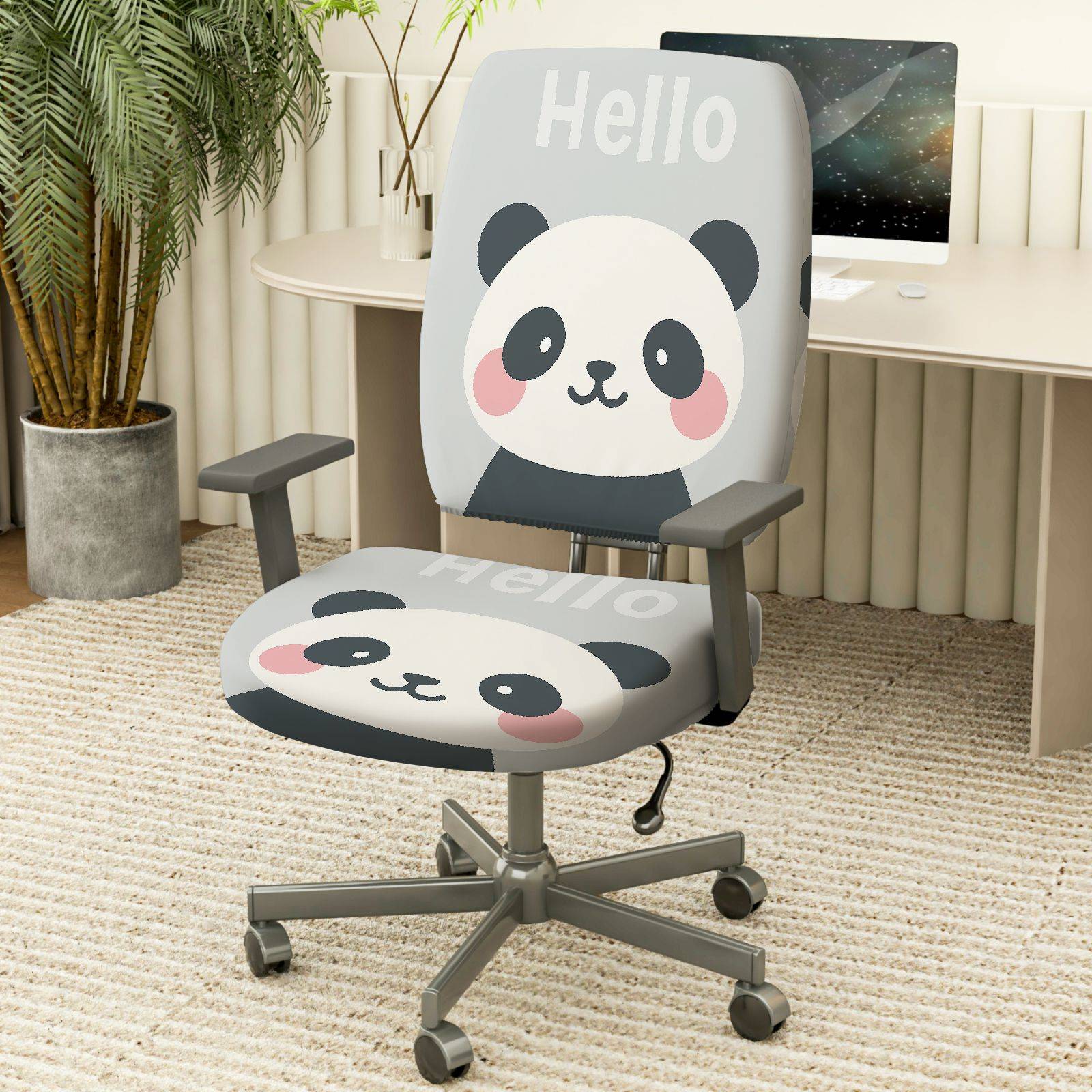2-Piece Cute Panda Hello Animal Print  Computer Chair Cover Set, Seat and Backrest