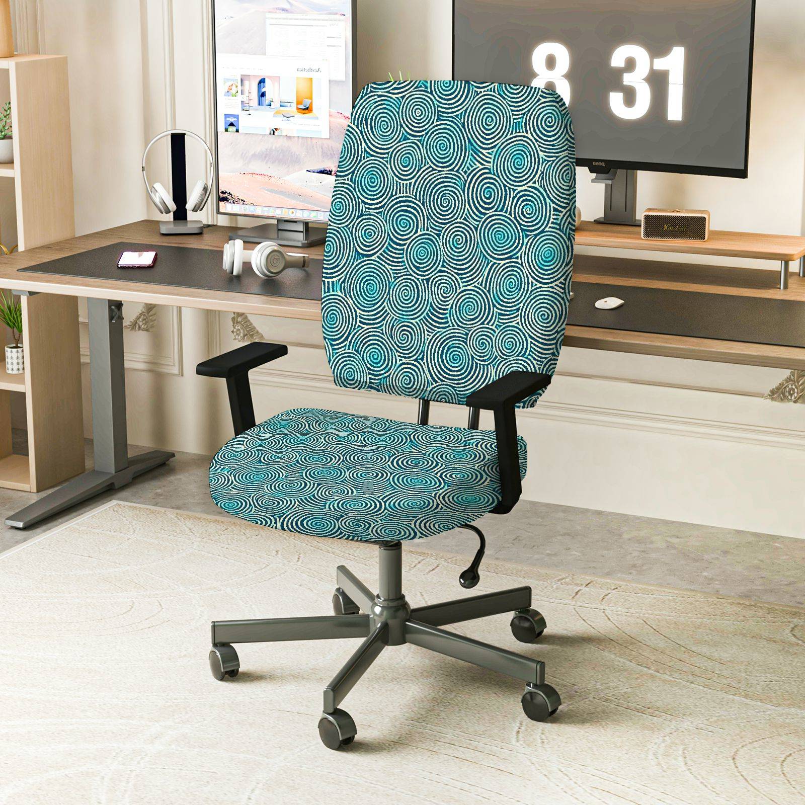 2-Piece Geometric Swirl Pattern Turquoise Stylish Modern  Computer Chair Cover Set, Seat and Backrest