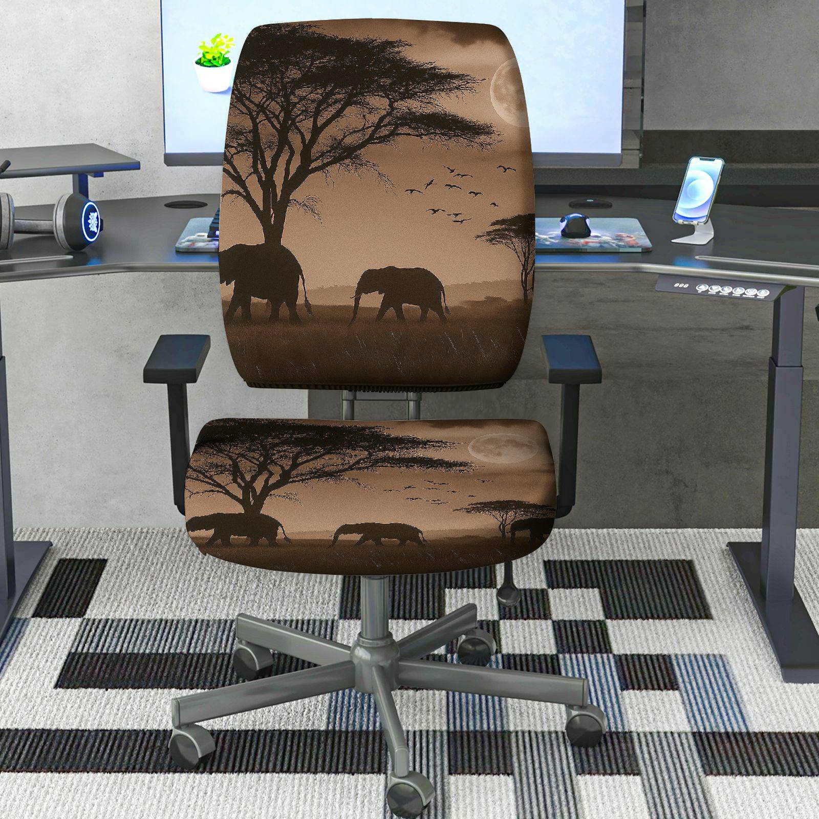 2-Piece African Safari Moon Elephant Bird Tree  Computer Chair Cover Set, Seat and Backrest