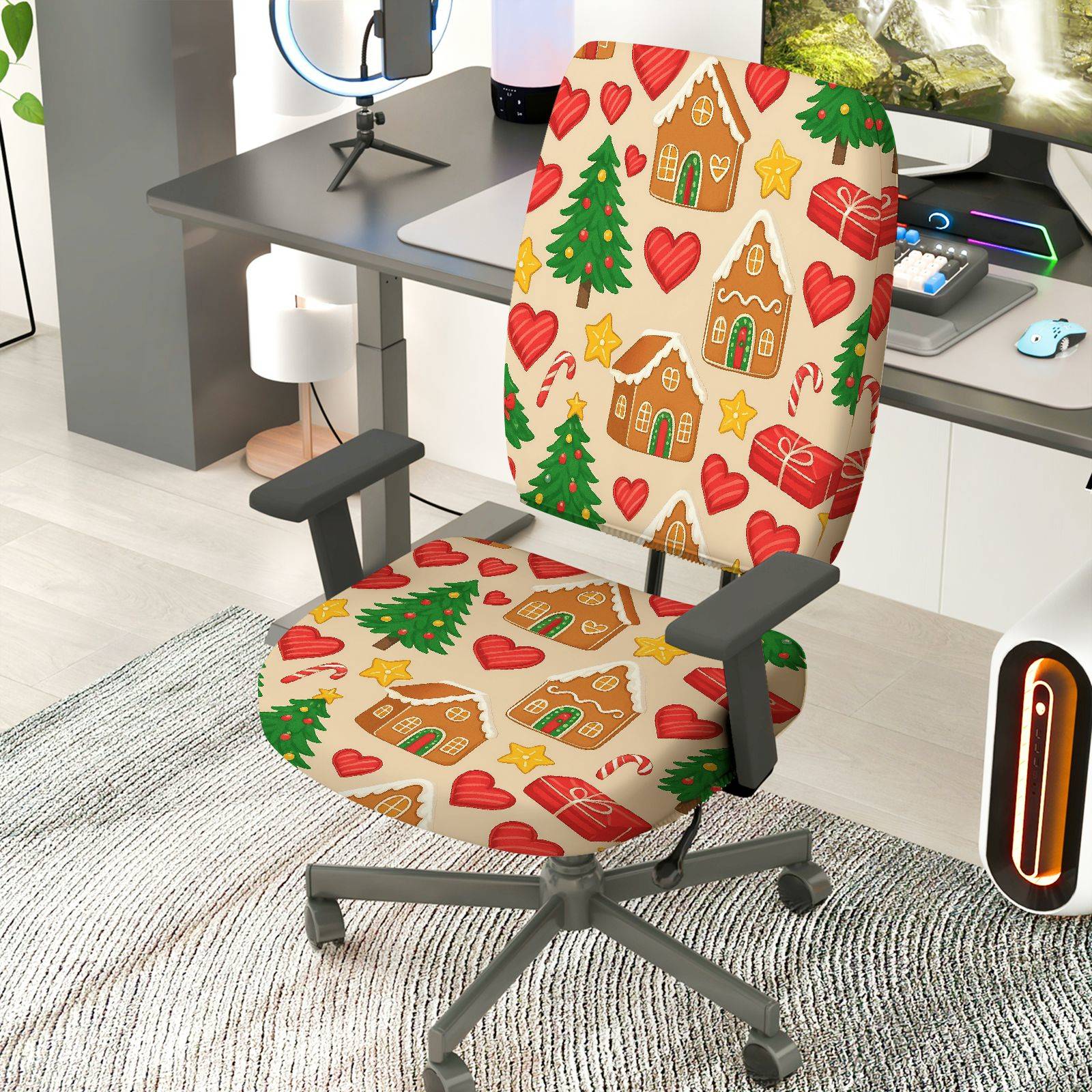 2-Piece Christmas Gingerbread House Candy Cane Tree Holiday  Computer Chair Cover Set, Seat and Backrest