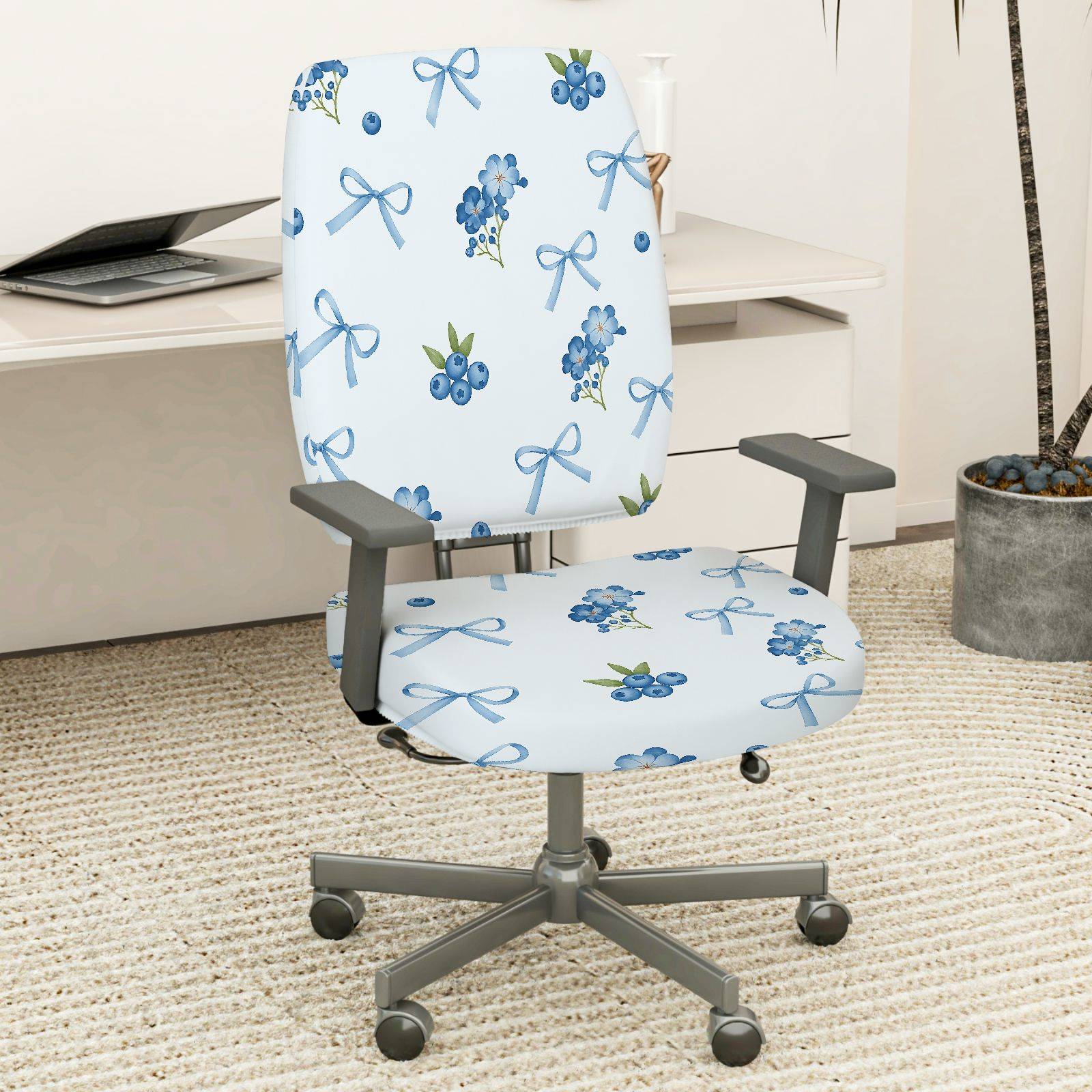 2-Piece Floral Bow Blueberry Pattern Cute  Computer Chair Cover Set, Seat and Backrest