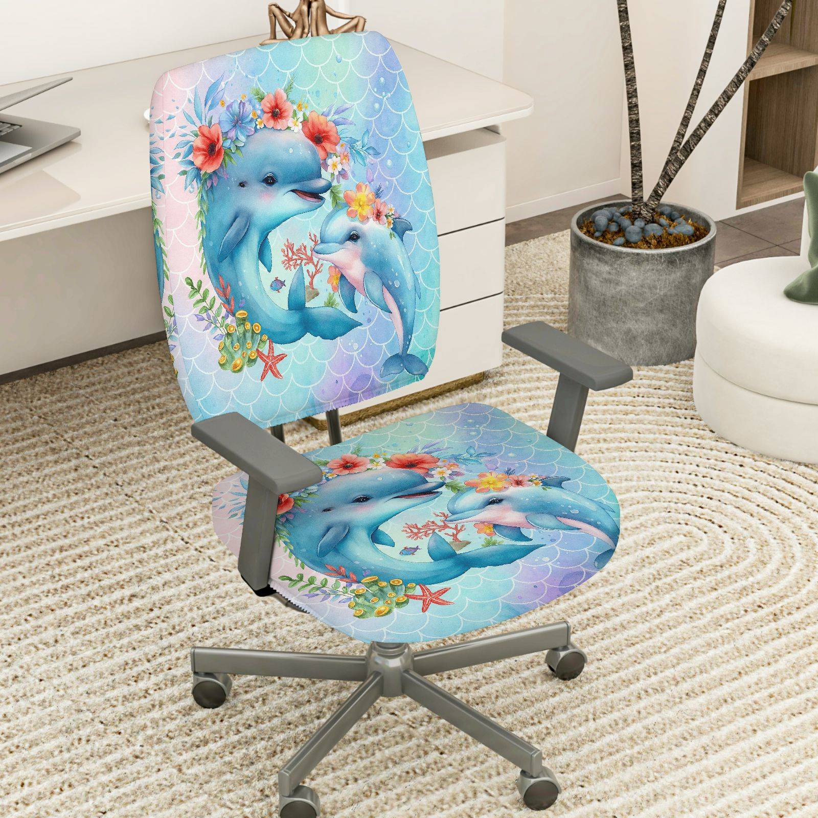 2-Piece Dolphin Ocean Flowers Animal  Computer Chair Cover Set, Seat and Backrest