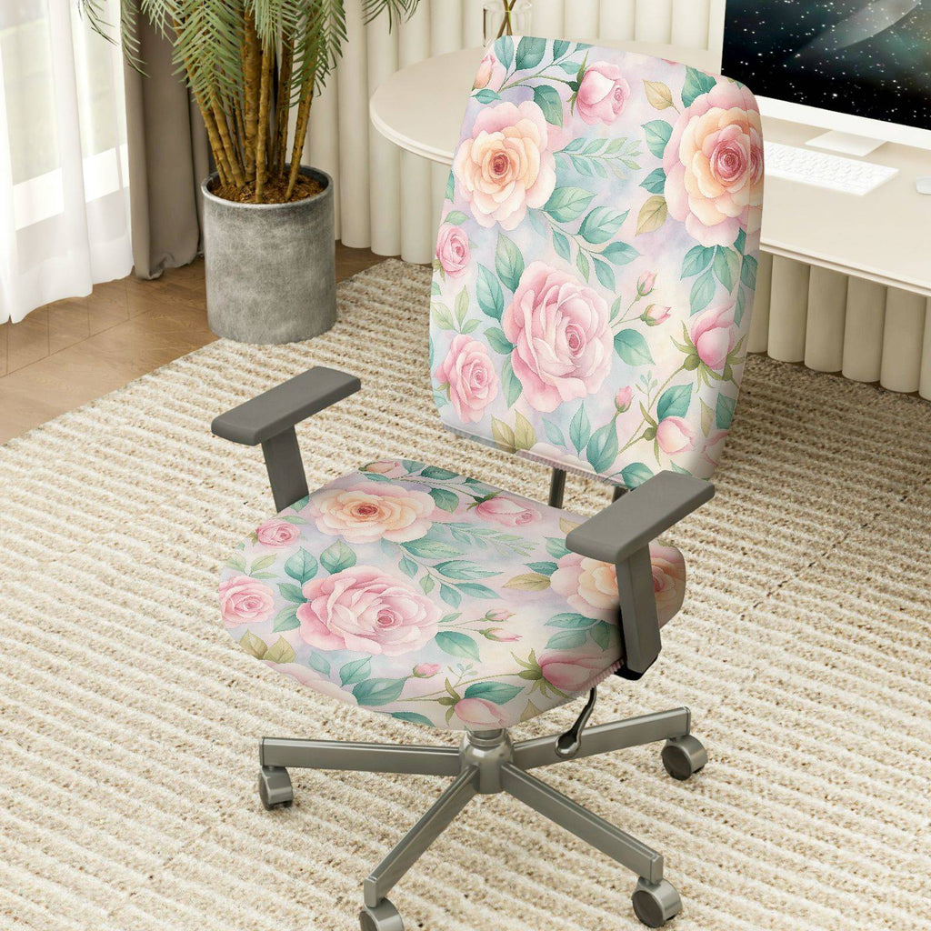 2-Piece Floral Romantic Pastel Elegant Delicate  Computer Chair Cover Set, Seat and Backrest