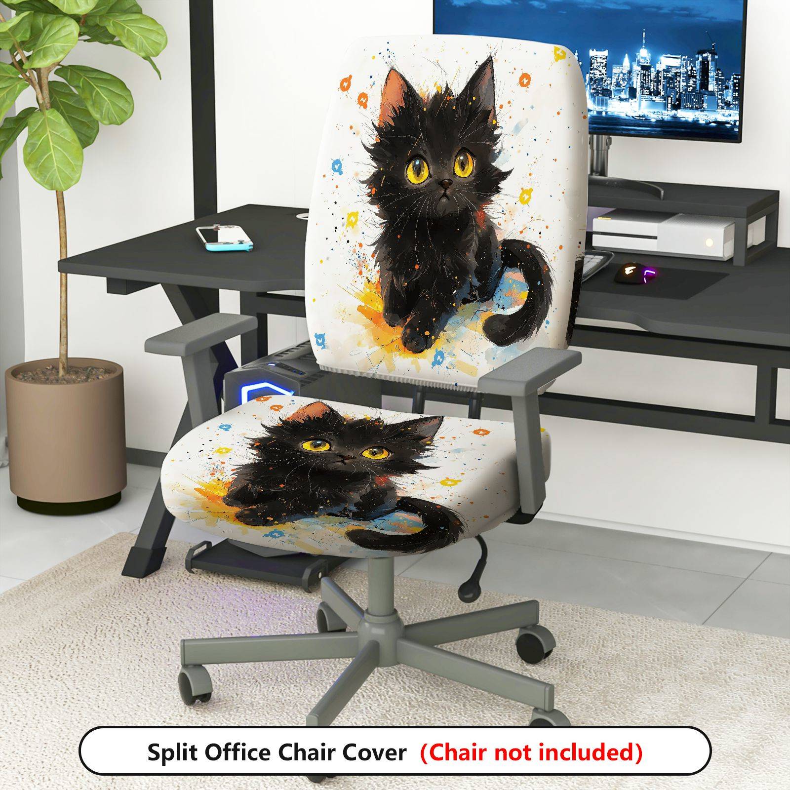 2-Piece Cute Black Cat Art  Computer Chair Cover Set, Seat and Backrest