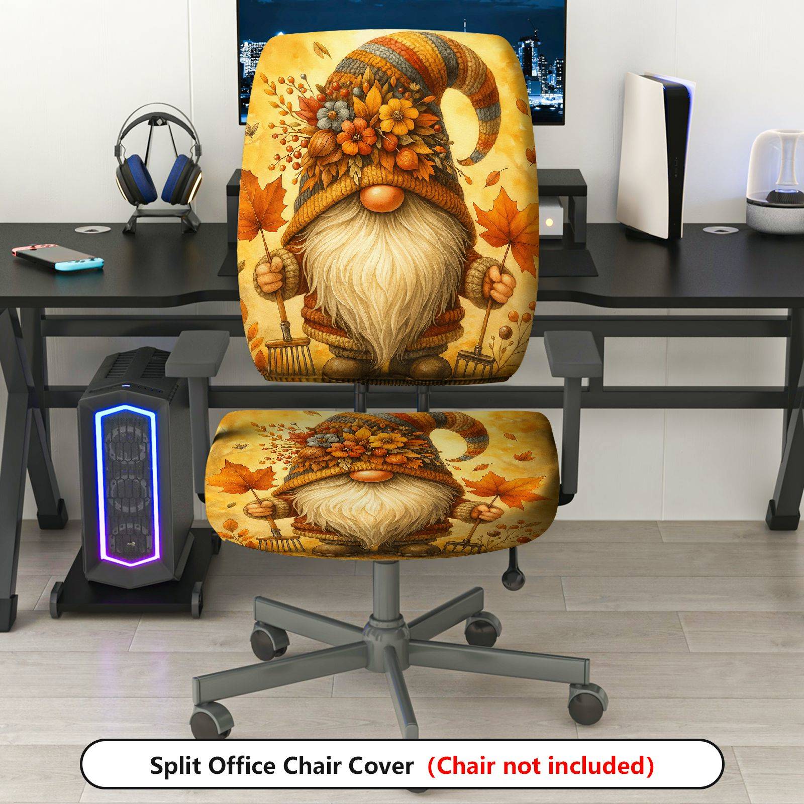 2-Piece Autumn Gnome Floral Leaves Festive Halloween  Computer Chair Cover Set, Seat and Backrest
