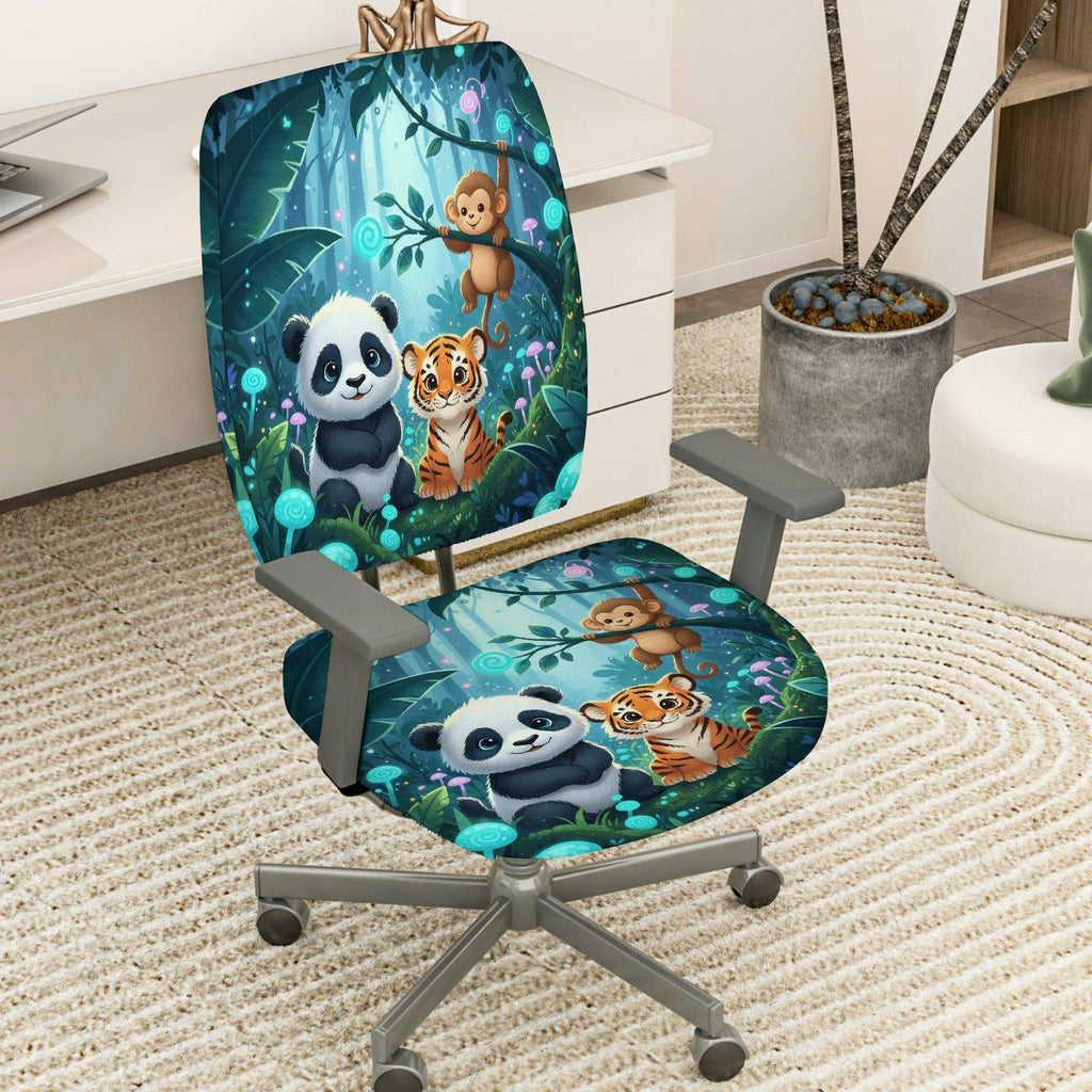 2-Piece Animal Forest Panda Tiger Monkey  Computer Chair Cover Set, Seat and Backrest