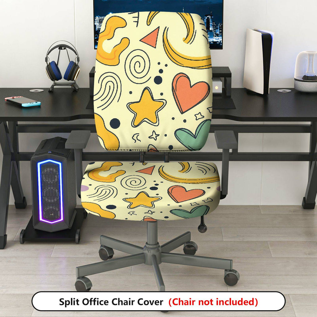 2-Piece Abstract Hearts Stars Swirls Yellow  Computer Chair Cover Set, Seat and Backrest