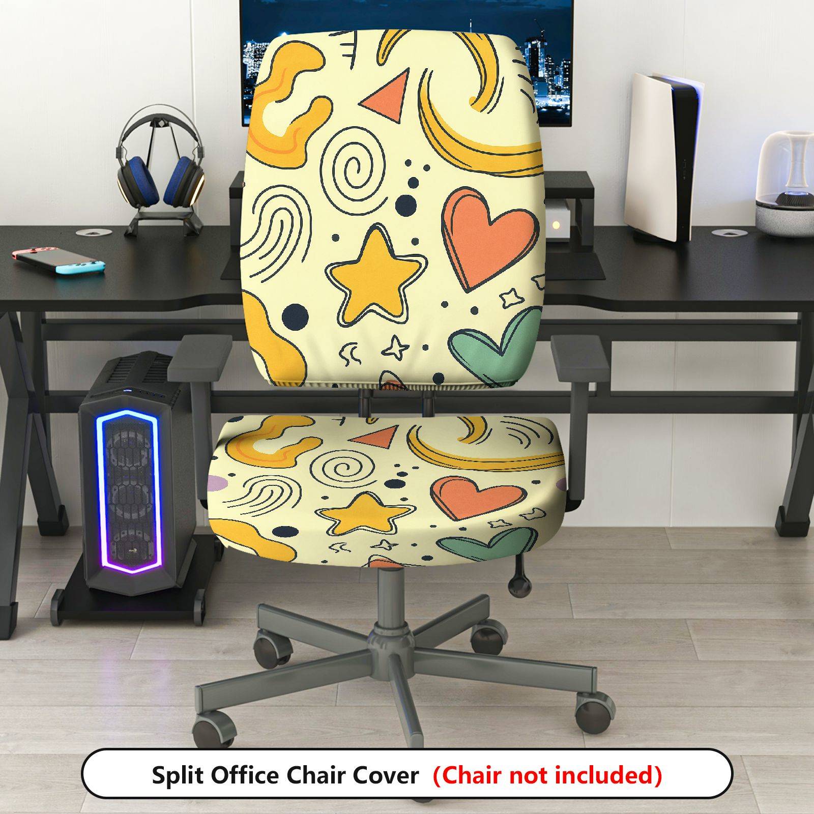 2-Piece Abstract Hearts Stars Swirls Yellow  Computer Chair Cover Set, Seat and Backrest