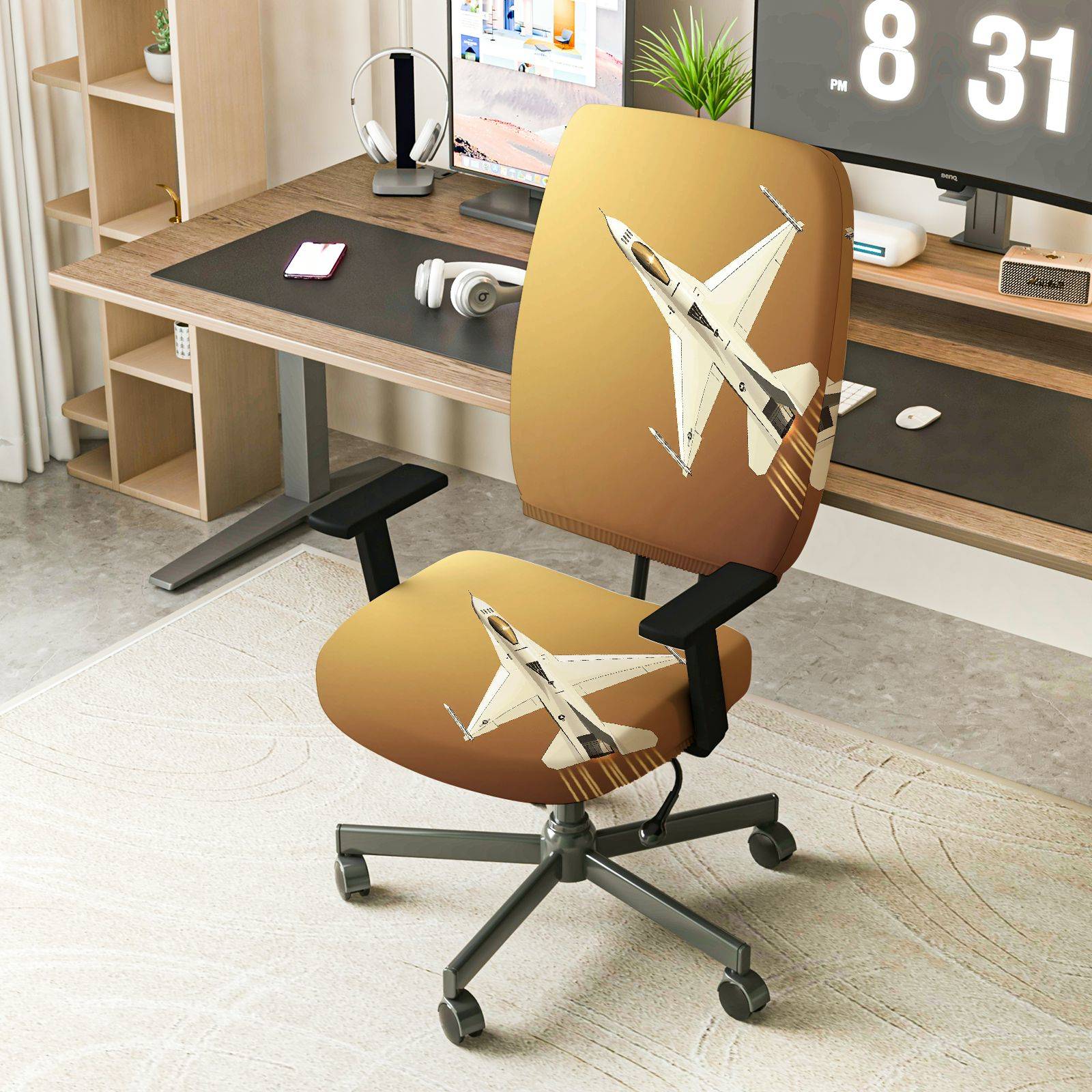 2-Piece Aviation Fighter Jet Airplane Pattern Gold Modern Cool  Computer Chair Cover Set, Seat and Backrest