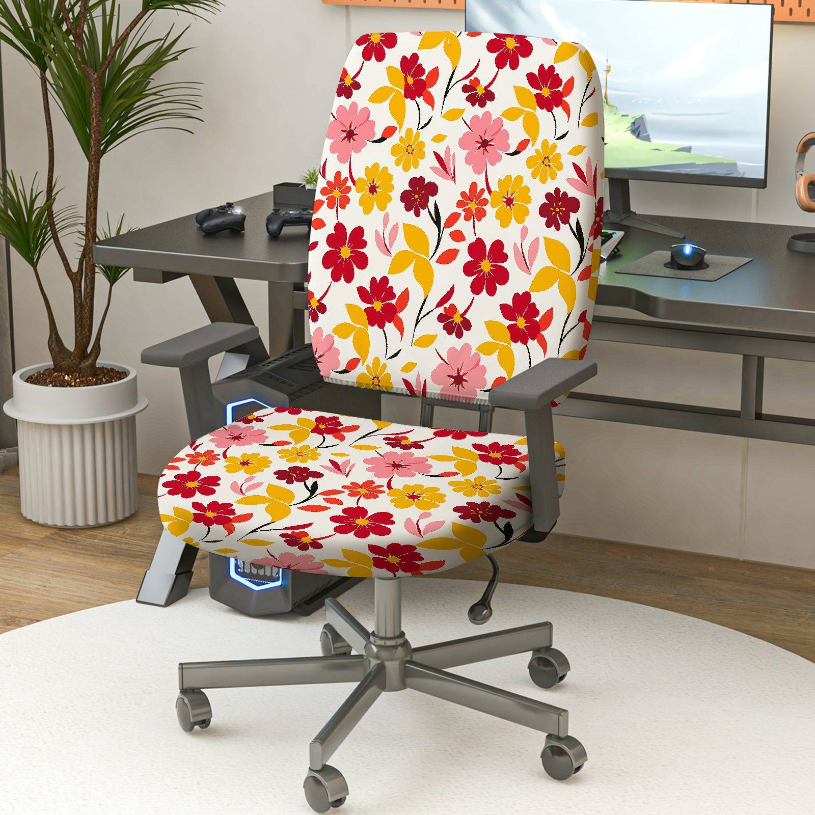 2-Piece Floral Pattern Red Yellow Pink Decorative  Computer Chair Cover Set, Seat and Backrest