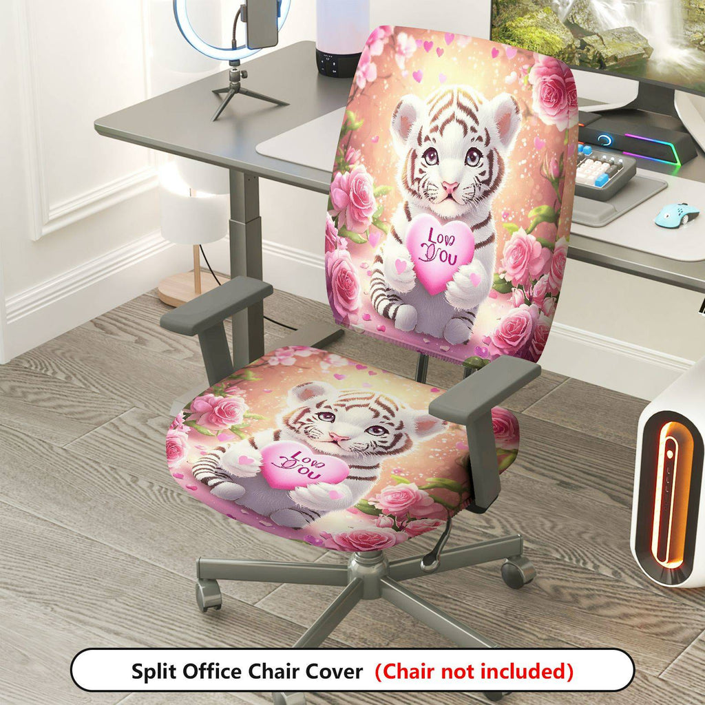 2-Piece Cute Animal Valentine's Day Romantic Floral Love Theme  Computer Chair Cover Set, Seat and Backrest