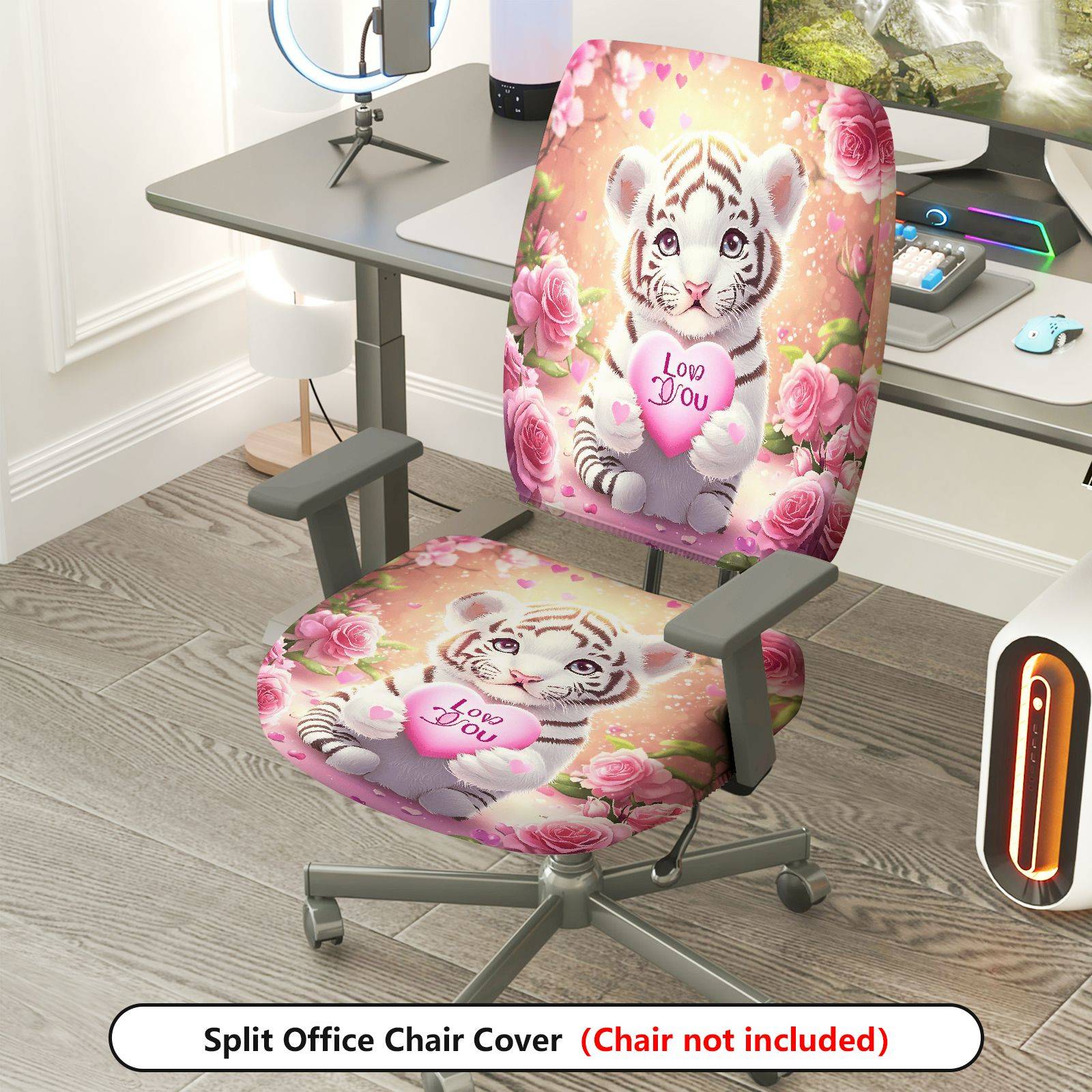 2-Piece Cute Animal Valentine's Day Romantic Floral Love Theme  Computer Chair Cover Set, Seat and Backrest