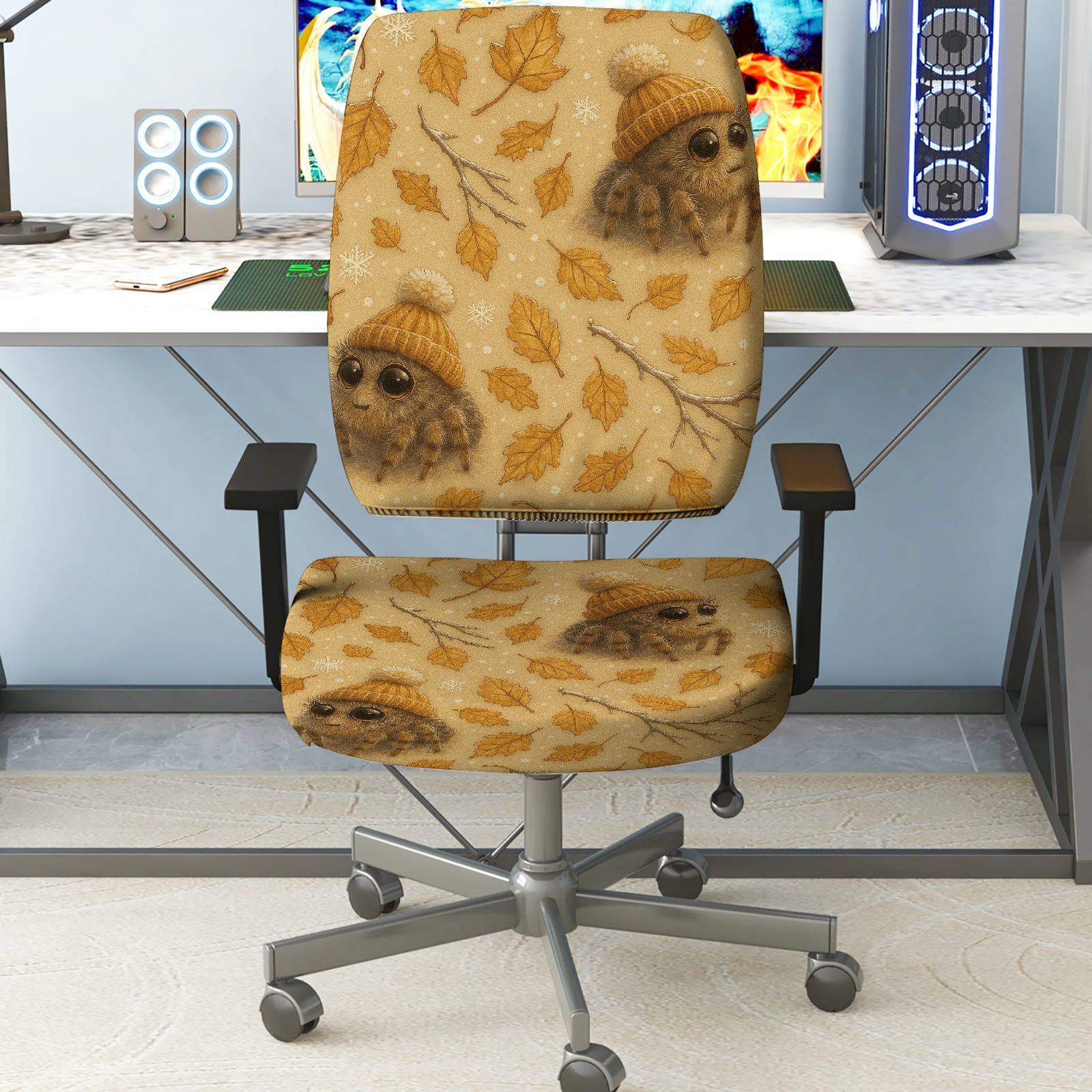 2-Piece Autumn Leaves Spider Winter Hat  Computer Chair Cover Set, Seat and Backrest
