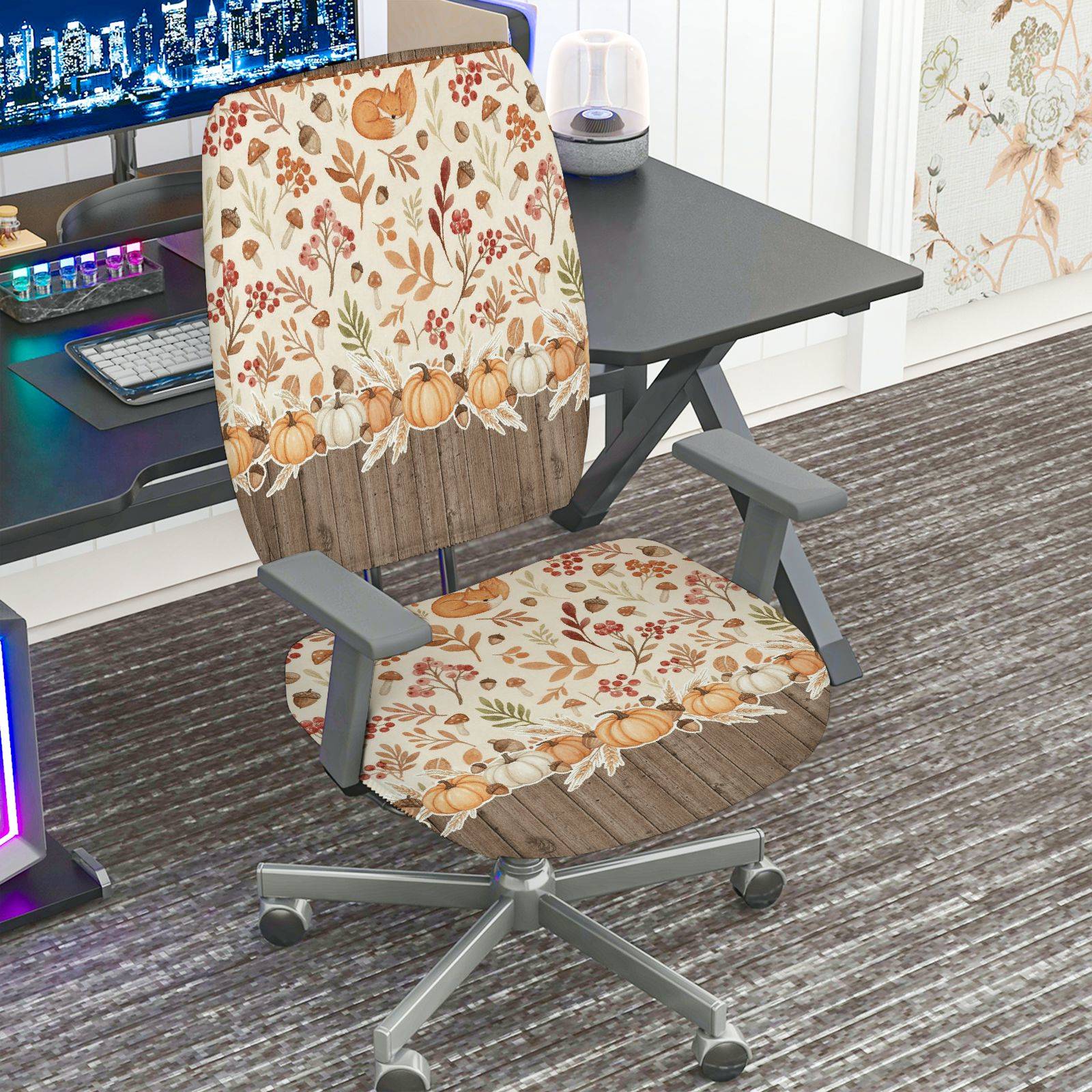 2-Piece Autumn Pumpkin Floral Pattern Thanksgiving  Computer Chair Cover Set, Seat and Backrest