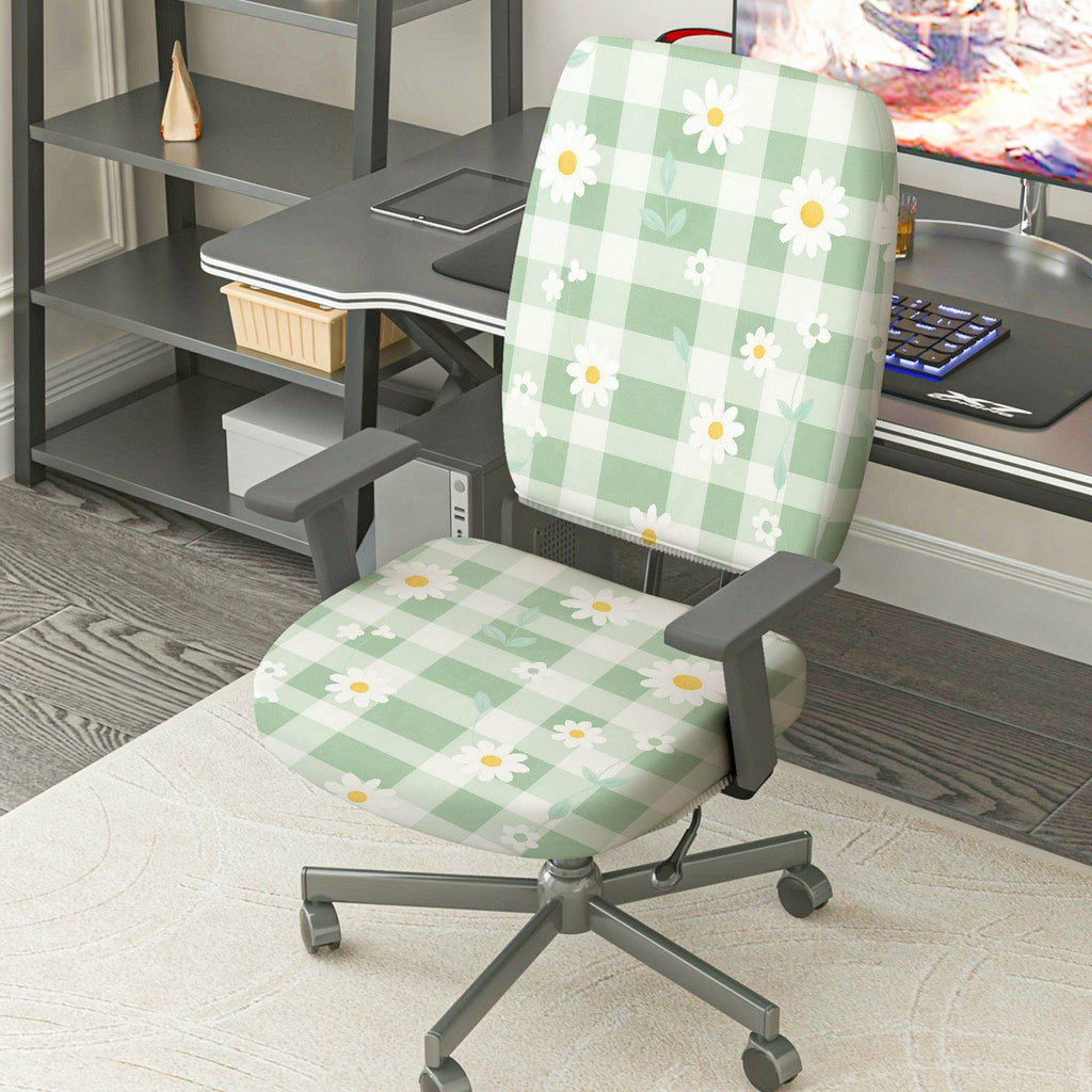 2-Piece Green Checkered Daisy Floral Pattern Spring  Computer Chair Cover Set, Seat and Backrest
